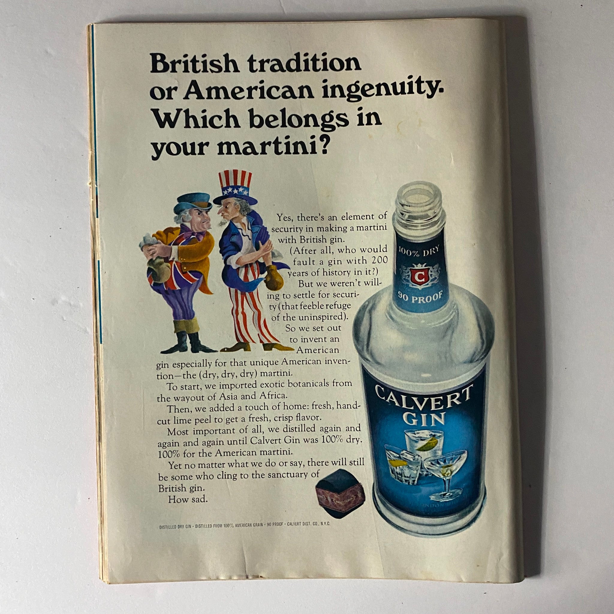 Calvert Gin advertisement featuring characters in historical costumes, showcasing themes of British tradition versus American ingenuity, accompanied by a bottle of Calvert Gin, from Time Magazine August 19, 1966, Vol 88 No. 8.