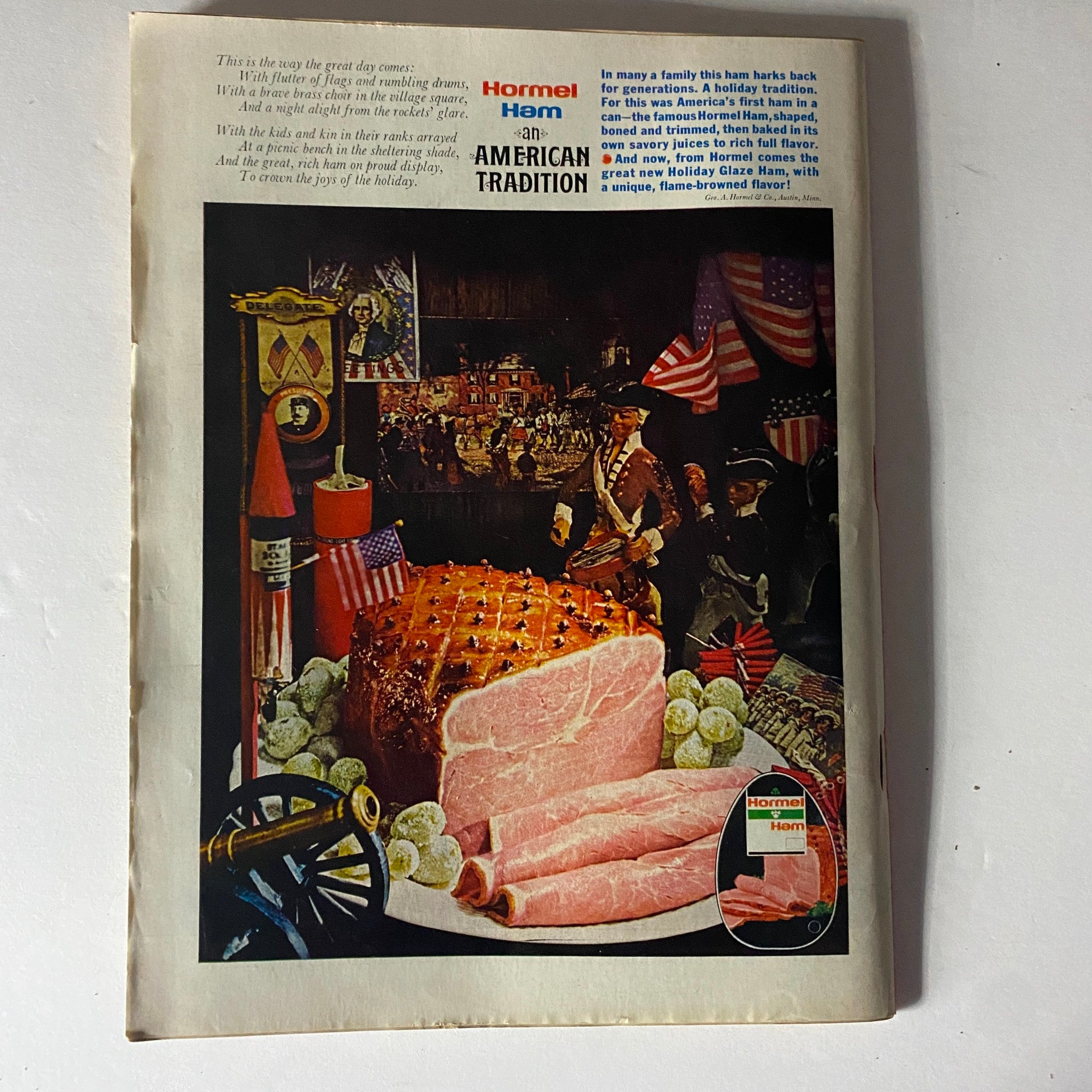 Advertisement page in Time Magazine June 17 1966 Vol 87 No. 24 featuring Hormel Ham, illustrating American traditions and cultural references.