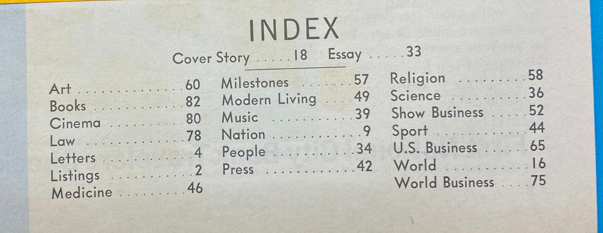 Inside spread of Time Magazine August 26, 1966, showing the index of articles including cover story, culture, and politics, providing a glimpse into the content of the issue.