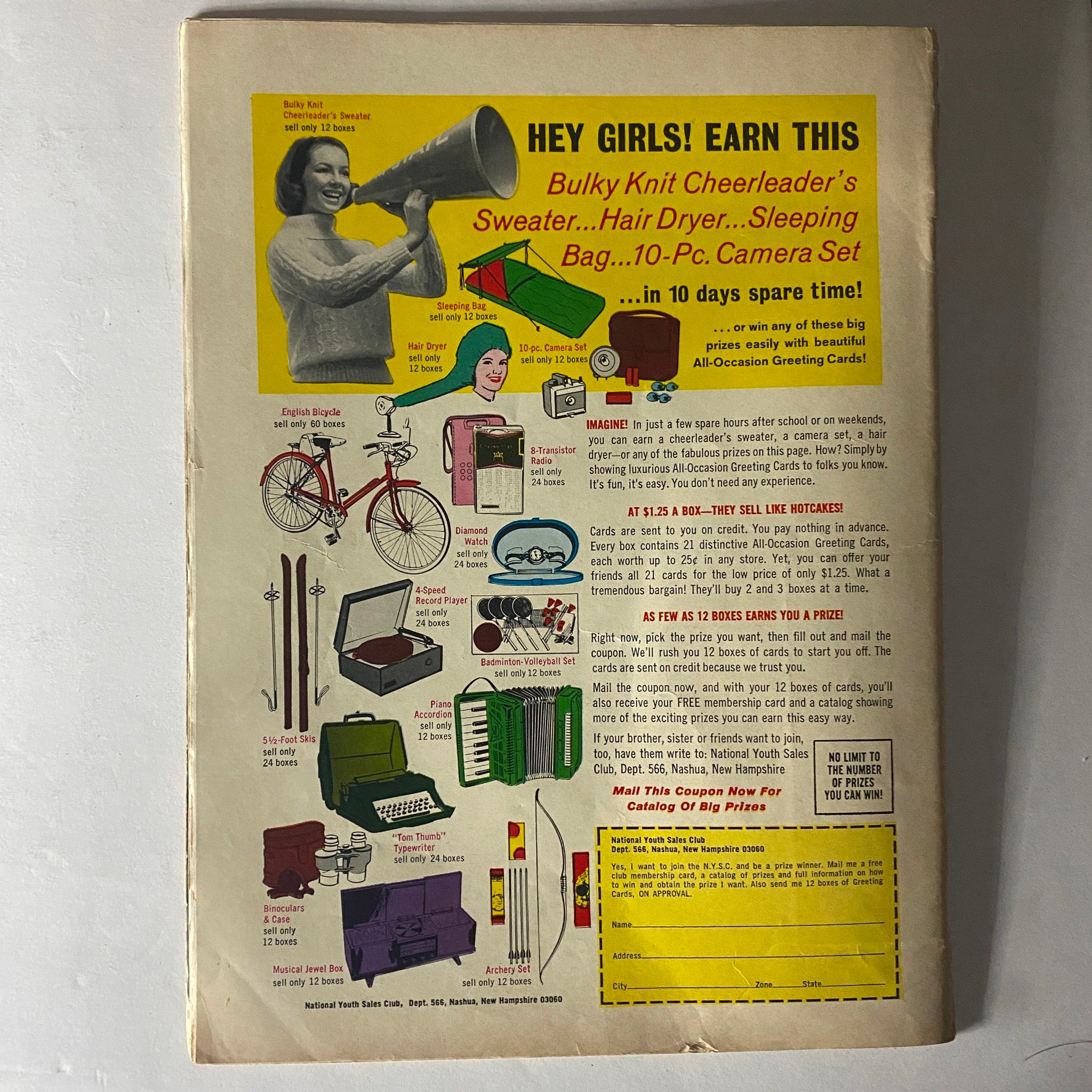 Back cover of American Girl Magazine January 1966 promoting a prize-earning opportunity for girls, featuring various items including a bicycle and hair dryer.
