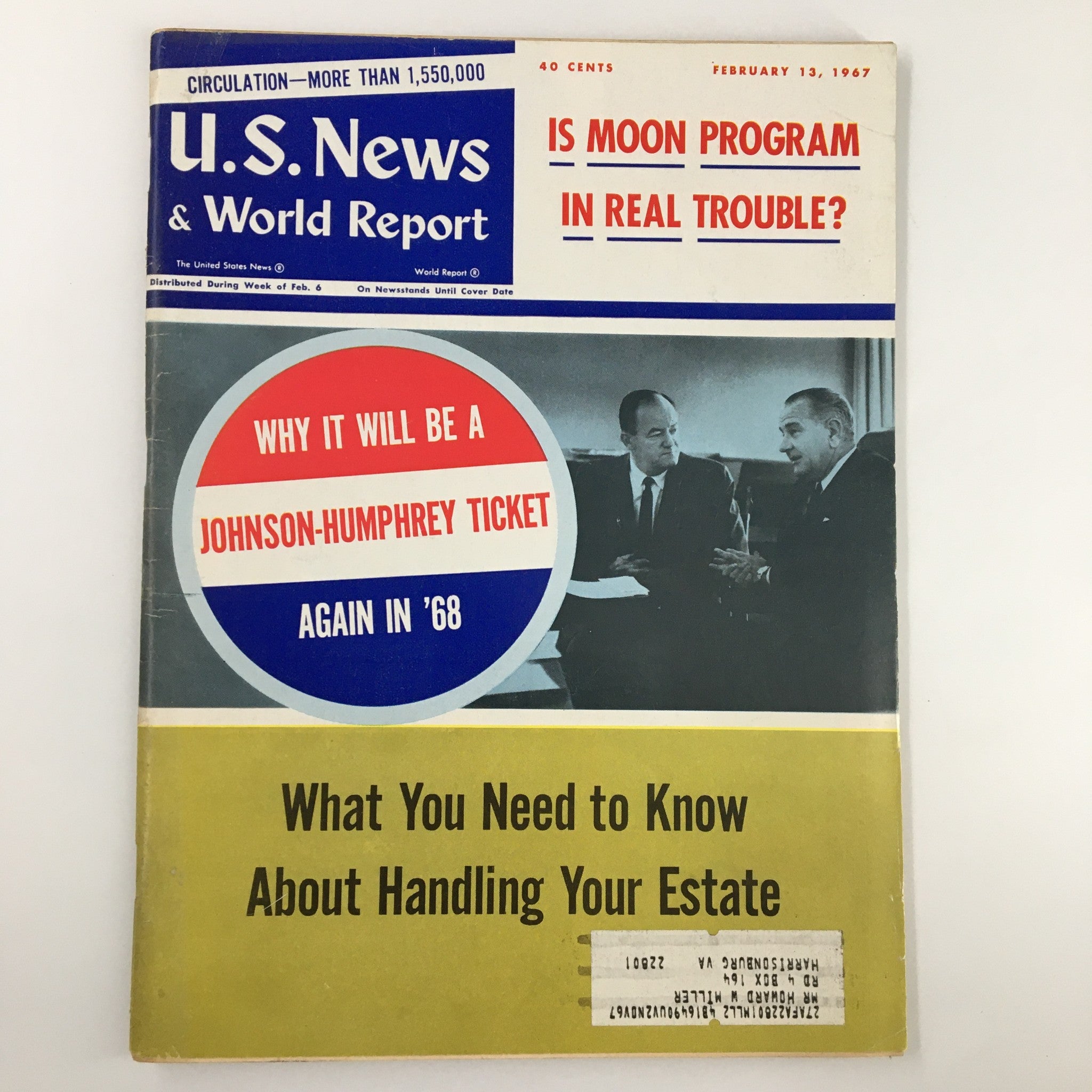 US News & World Report Magazine February 13 1967 Lyndon Johson & Hubert Humphrey