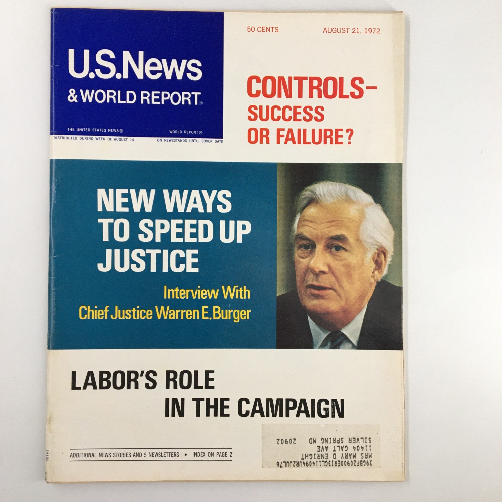 US News & World Report Magazine August 21 1972 Chief Justice Warren E. Burger