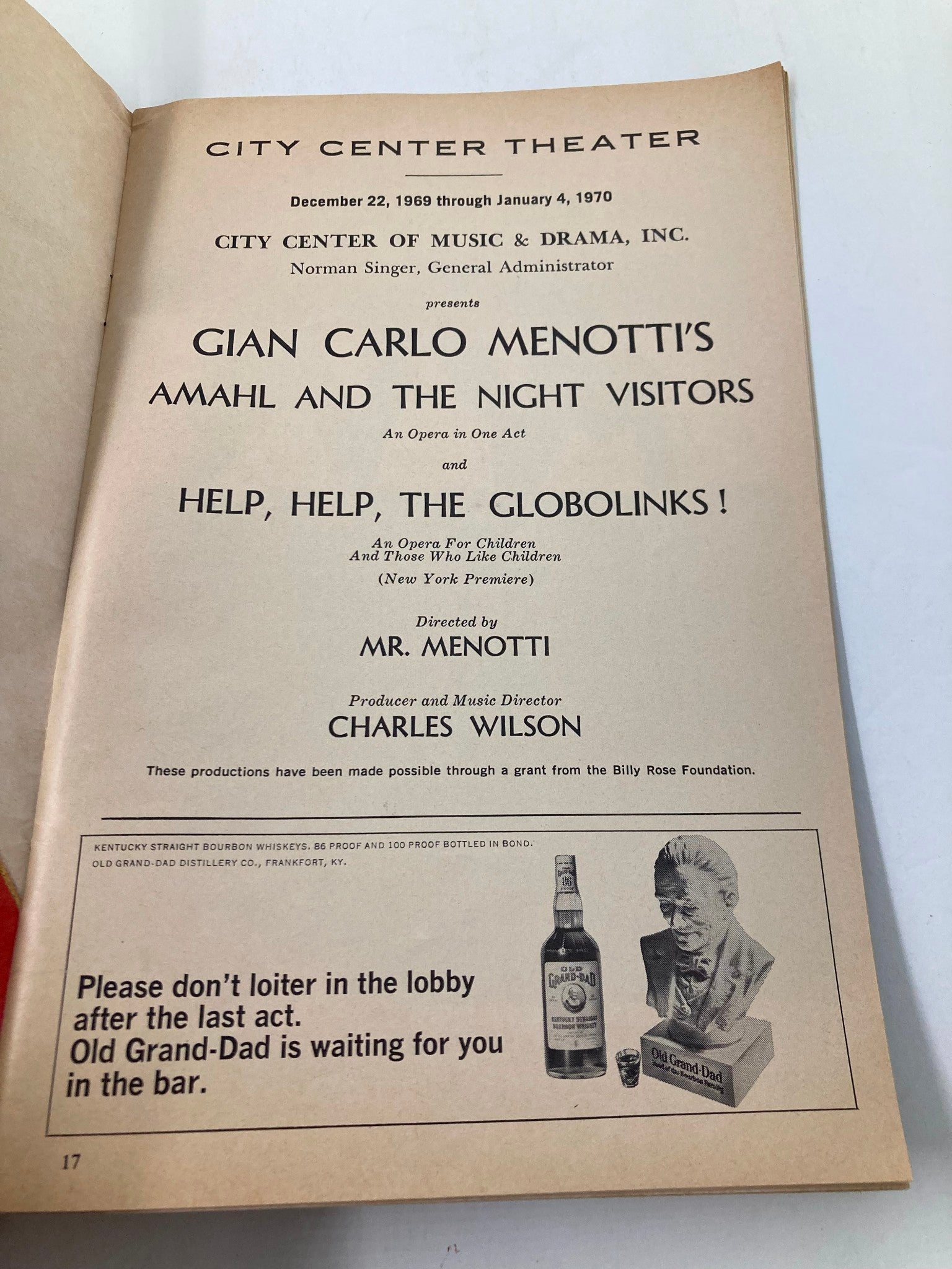 1969 Playbill City Center Theatre Gian Carlo Menotti Amahl & The Night Visitors