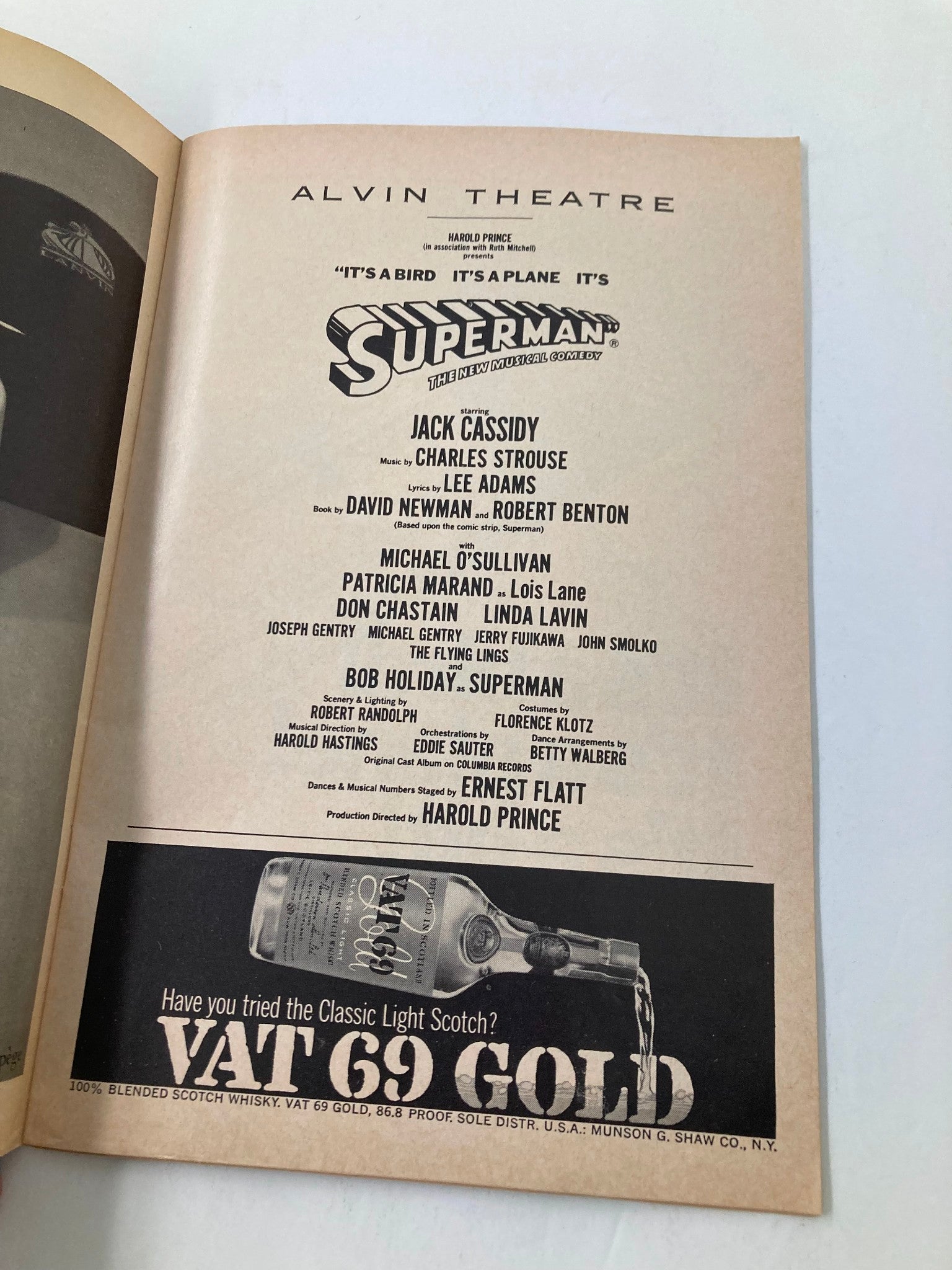 Interior page of the 1966 Playbill from Alvin Theatre featuring the cast list for "It's A Bird, It's A Plane, It's Superman," including Jack Cassidy, Michael O'Sullivan, and Bob Holiday.