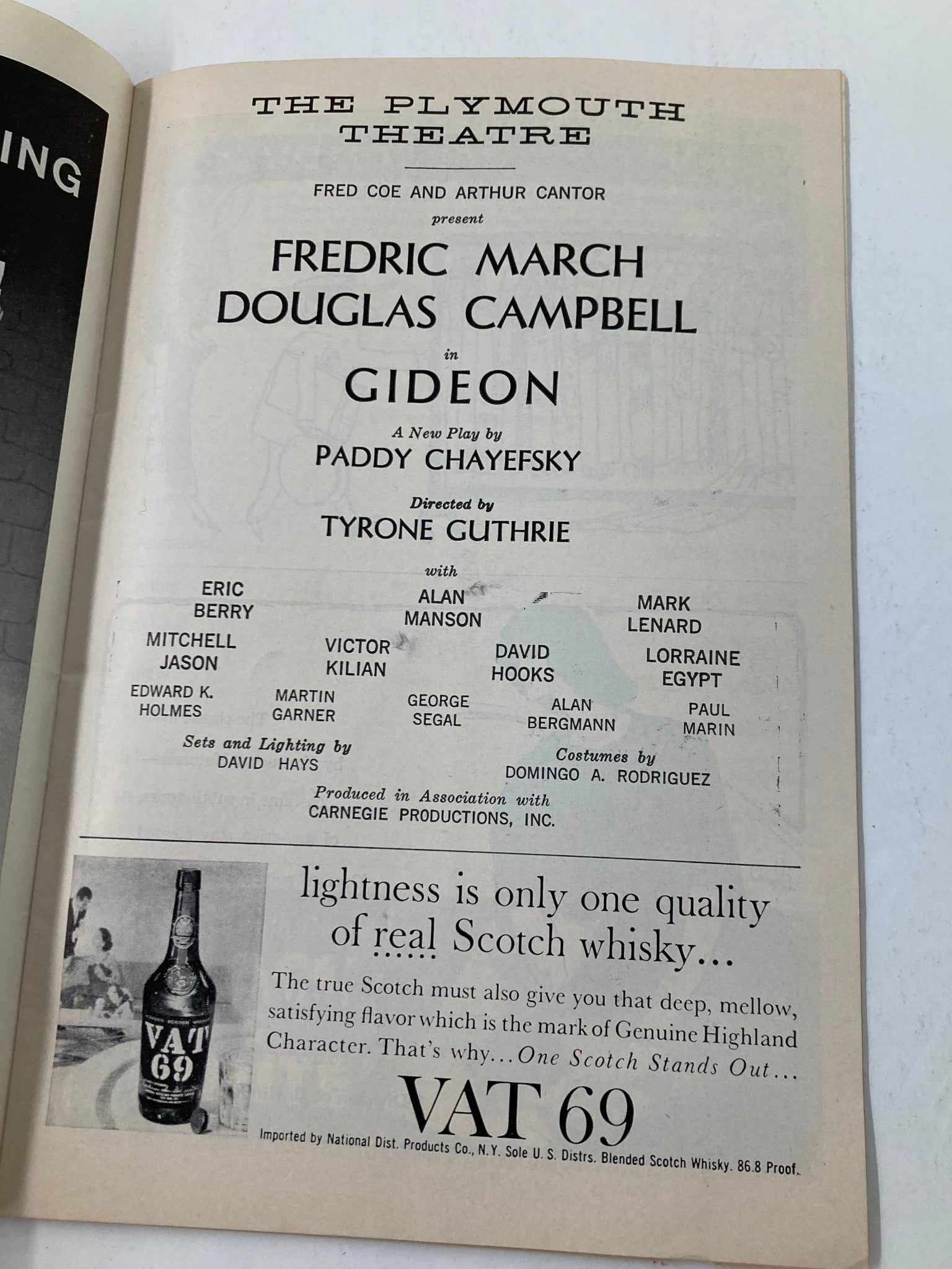 1961 Playbill The Plymouth Theatre Fredric March, Douglas Campbell in Gideon