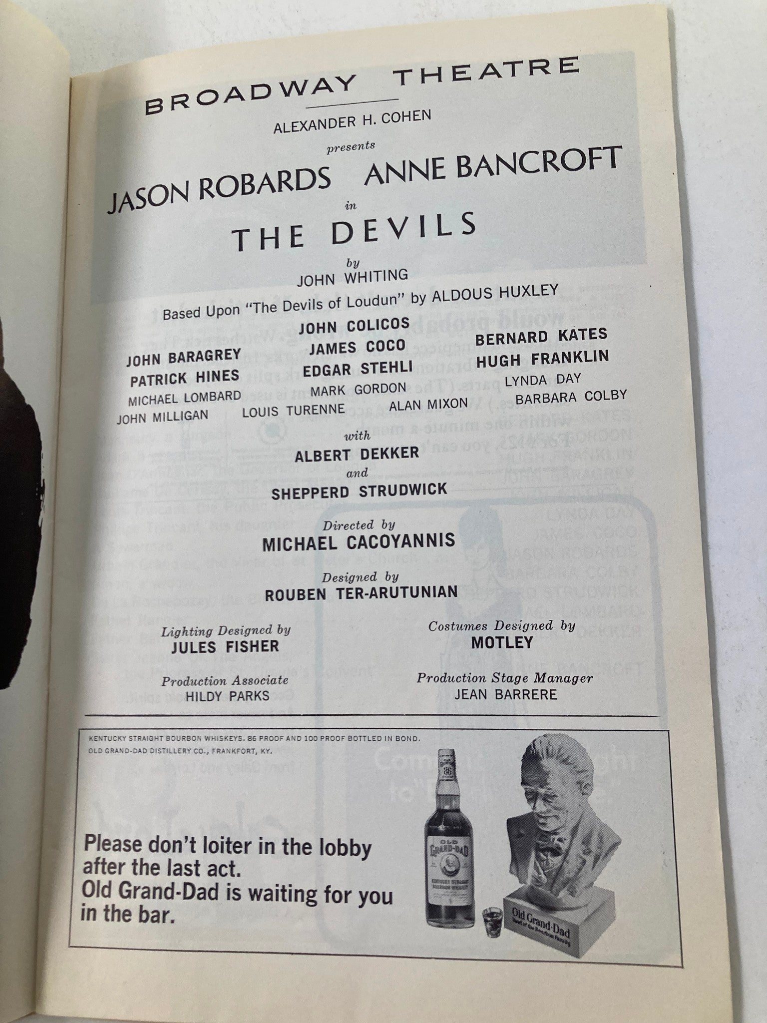 1965 Playbill Broadway Theatre Jason Robards, Anne Bancroft in The Devils