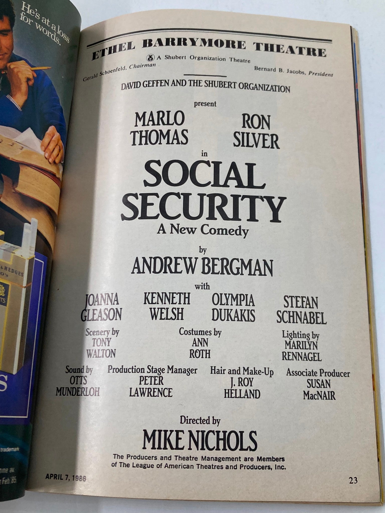 1986 Playbill Ethel Barrymore Theatre Marlo Thomas in Social Security