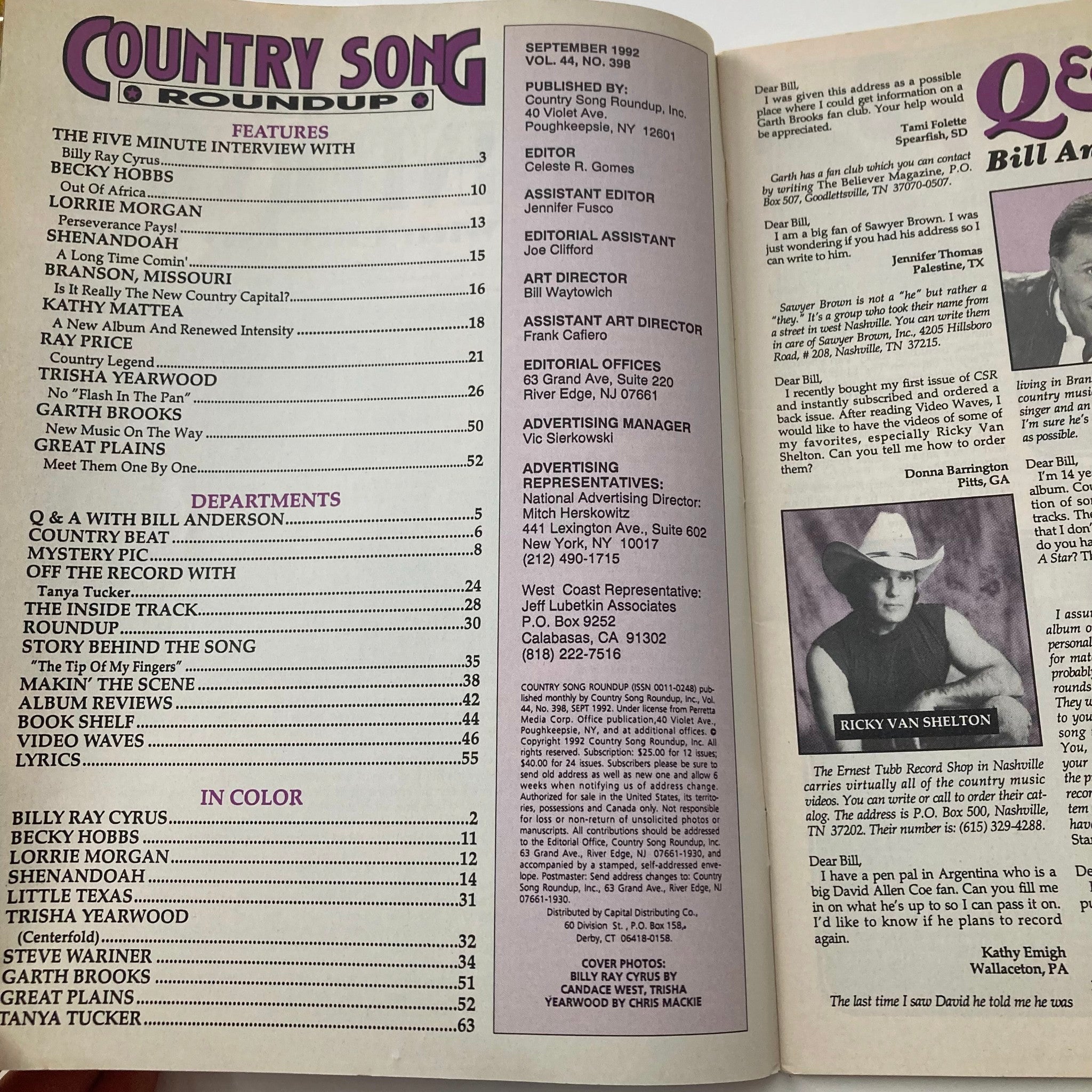 Country Song Roundup Magazine September 1992 Billy Ray Cyrus No Label