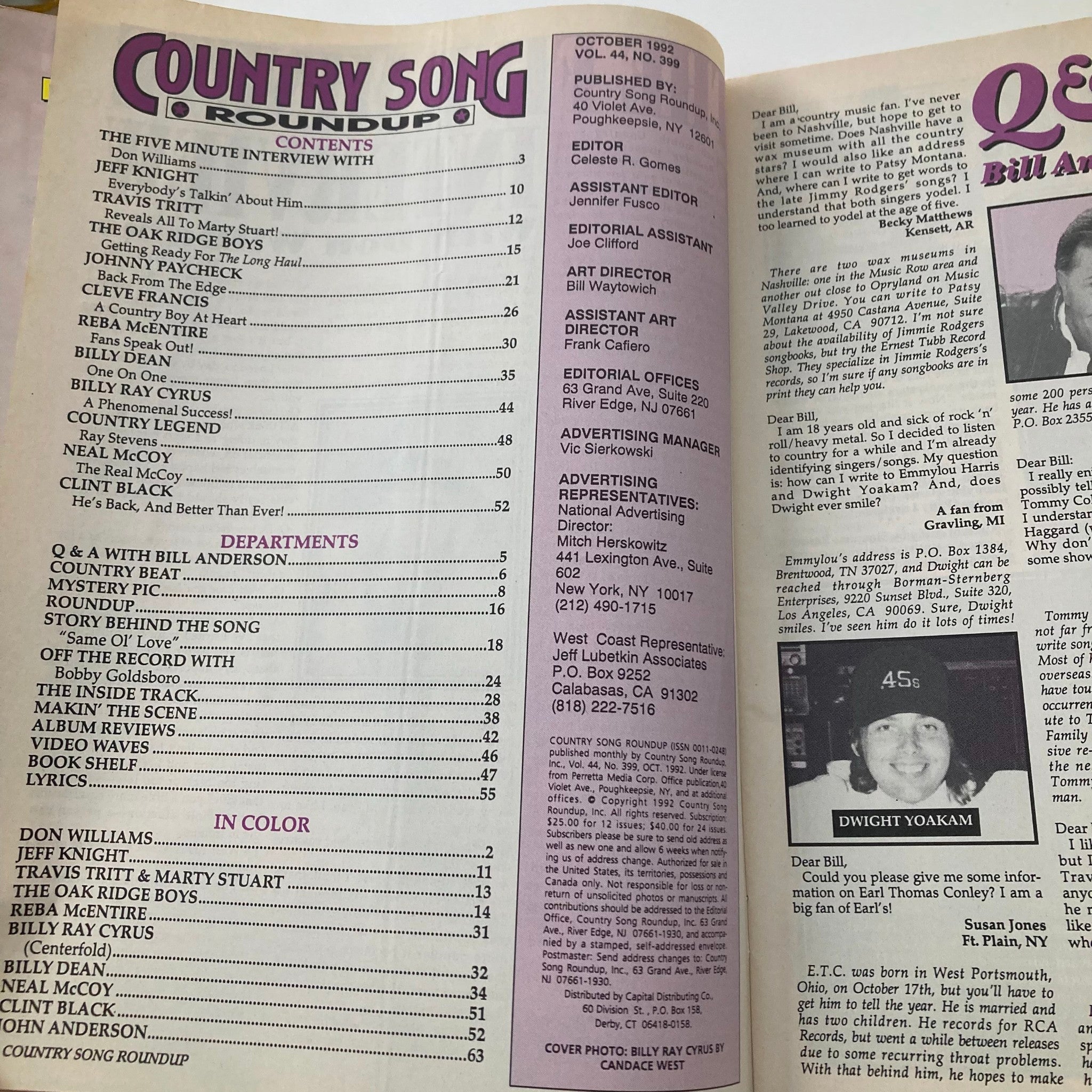 Country Song Roundup Magazine October 1992 Billy Dean & Billy Ray Cyrus No Label