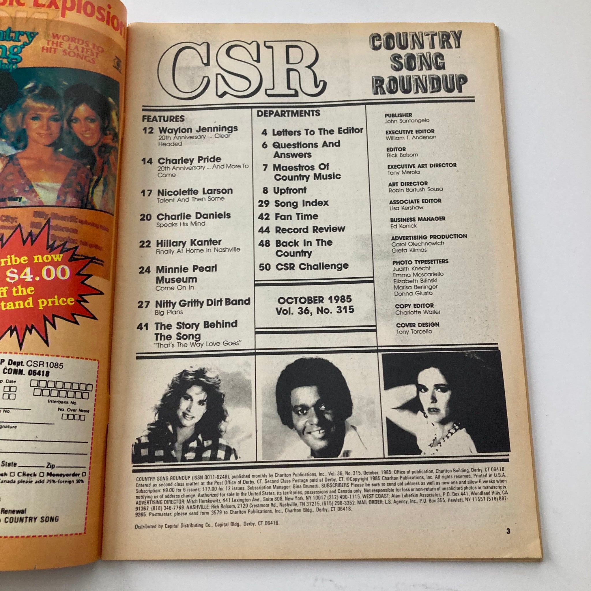 VTG Country Song Roundup Magazine October 1985 Charley Pride & Waylon Jennings