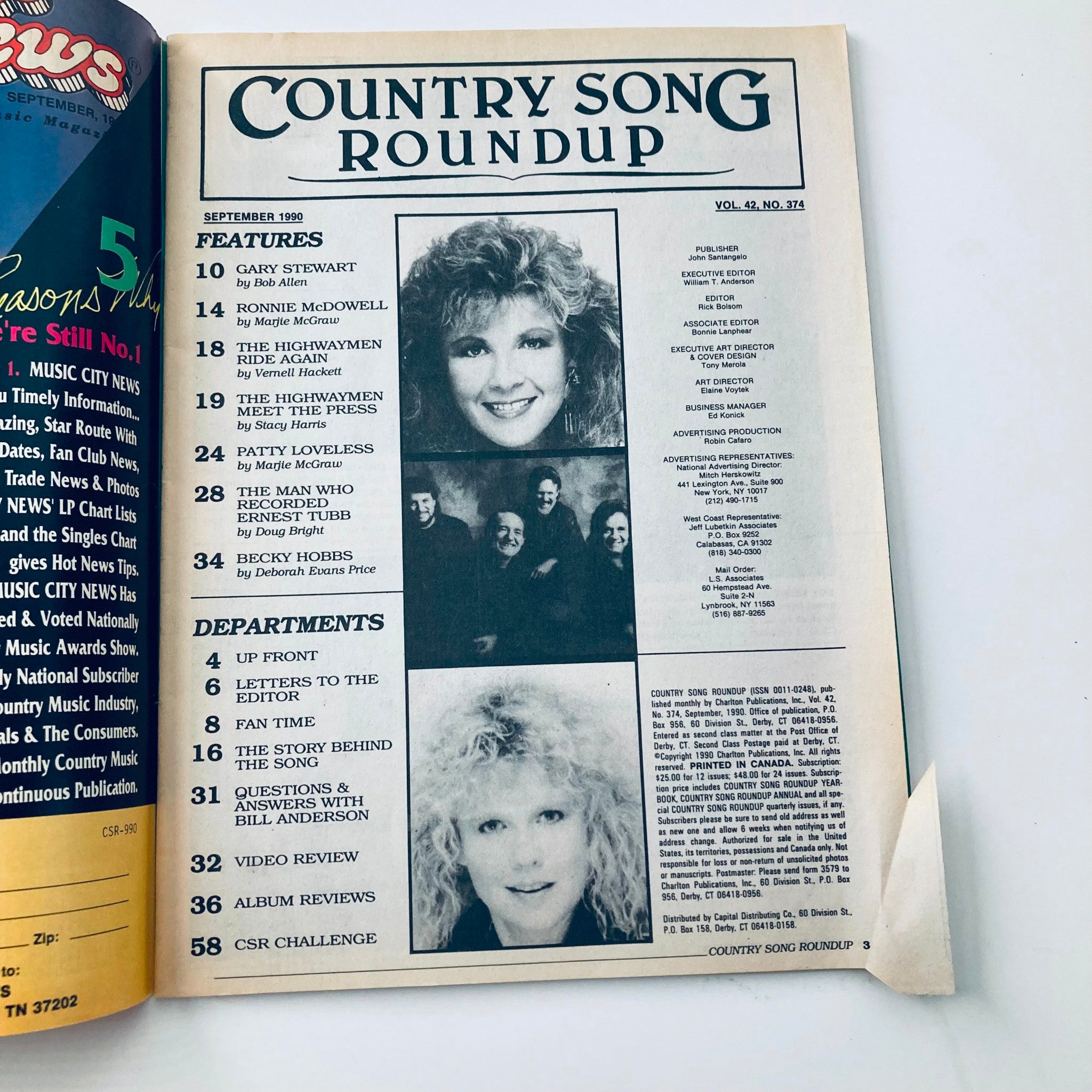 Cover page of the September 1990 issue of Country Song Roundup magazine featuring The Highwaymen and Gary Stewart, showcasing features and articles relevant to classic country music.