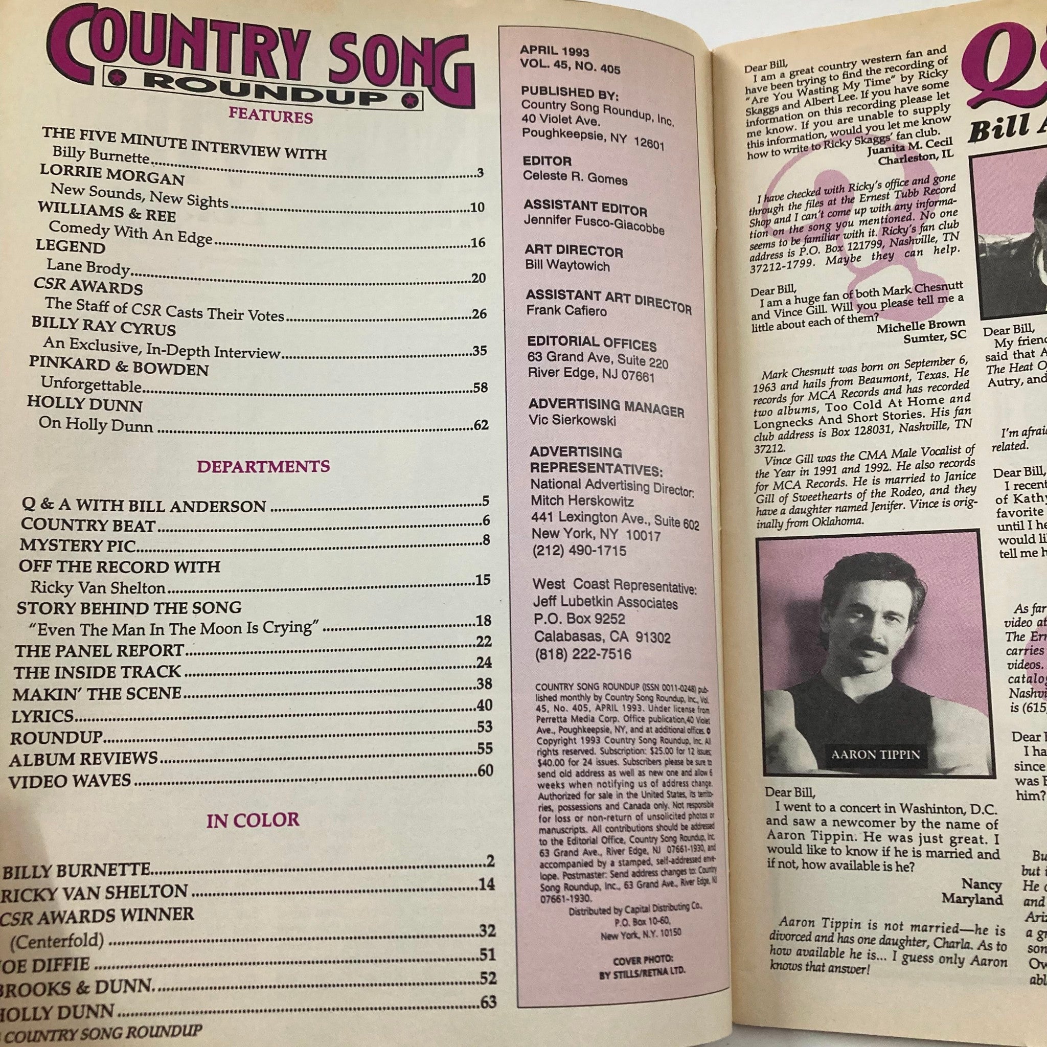 Country Song Roundup Magazine April 1993 Billy Ray Cyrus, Lorrie Morgan No Label