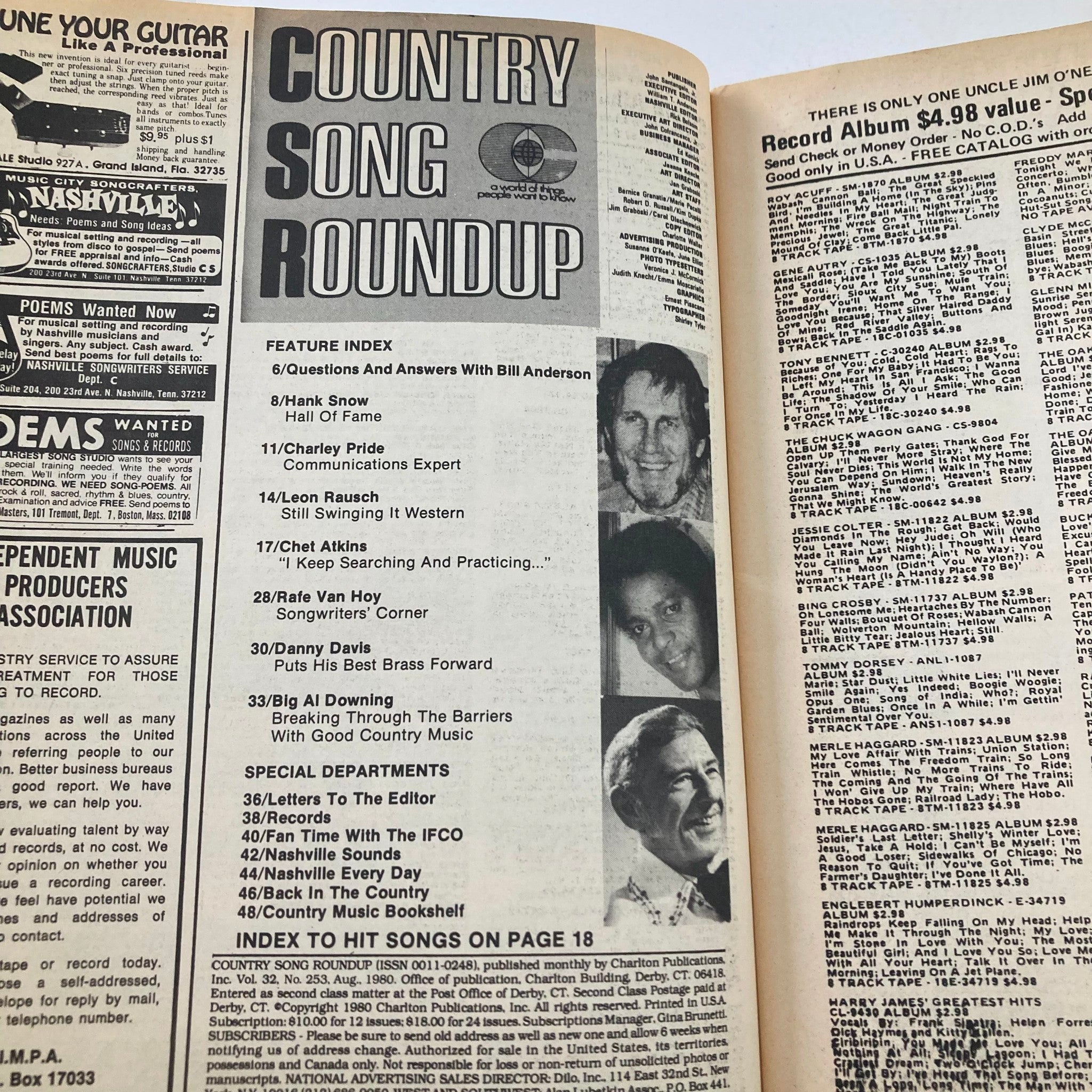 VTG Country Song Roundup Magazine August 1980 Charley Pride & Hank Snow