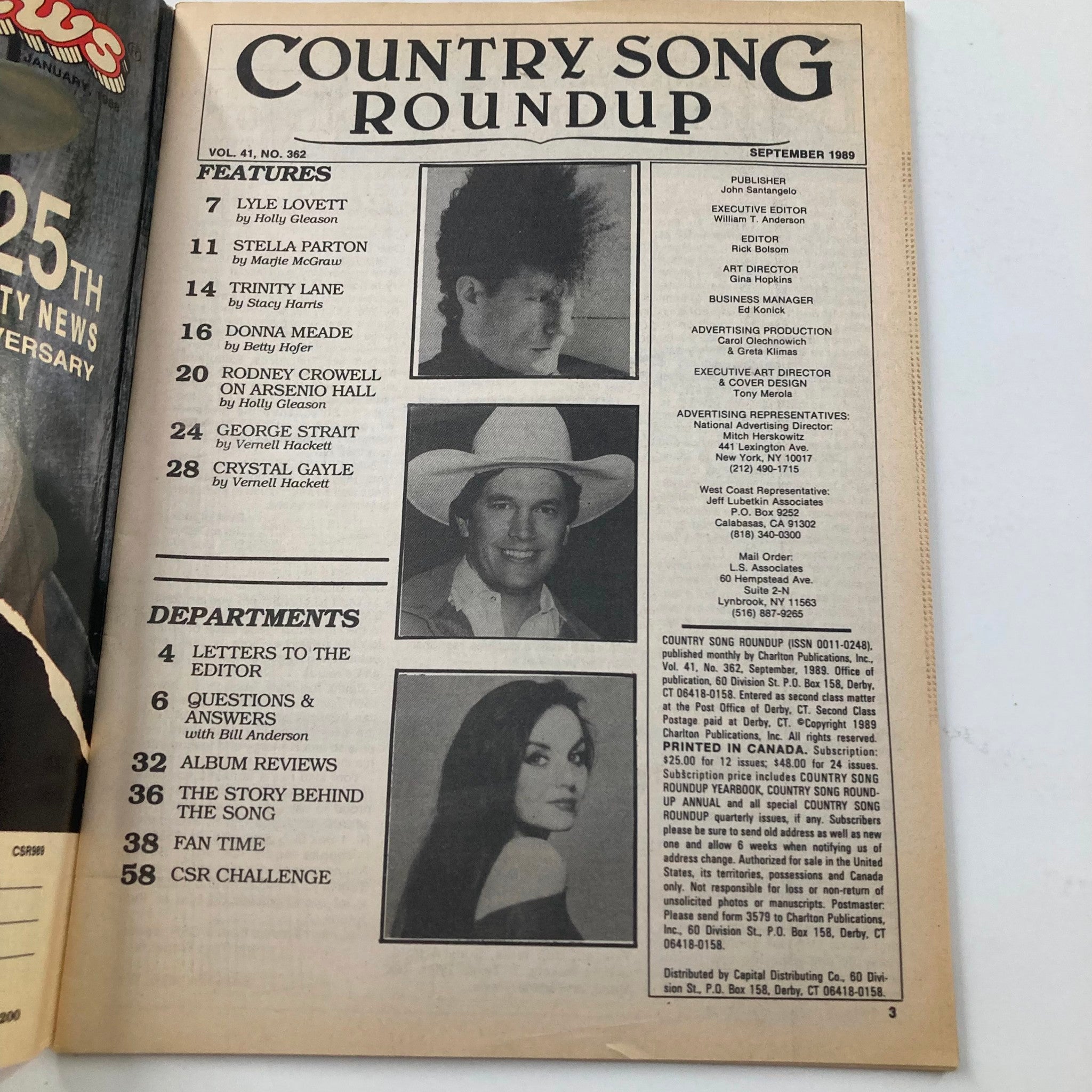 Inside page of VTG Country Song Roundup Magazine September 1989 showcasing features on Lyle Lovett, Stella Parton, and highlights from George Strait's article.