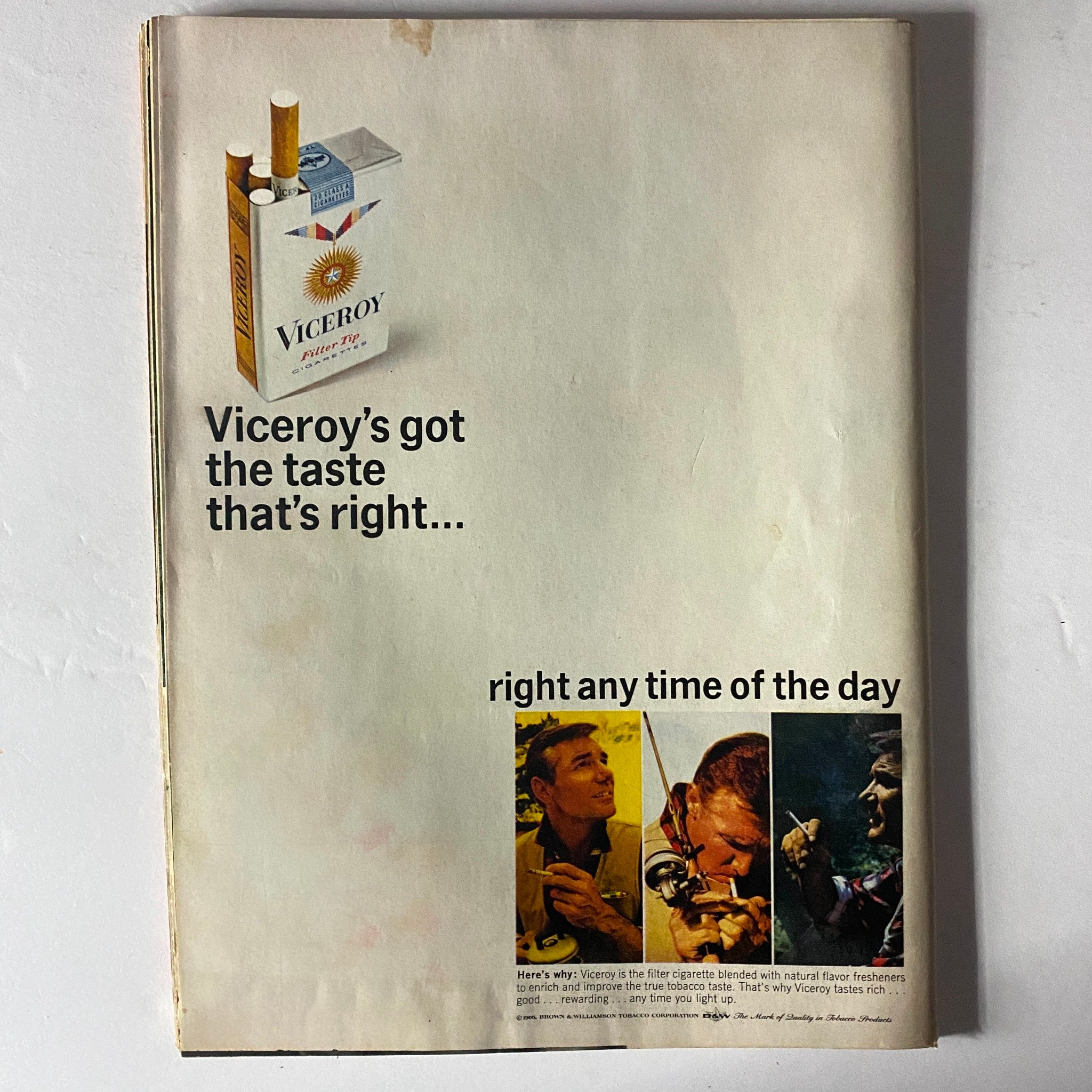 Vintage advertisement from the Time Magazine November 4, 1966 issue featuring Viceroy cigarettes, promoting their unique taste. This ad includes images of different individuals enjoying activities, highlighting the cigarette's appeal for any time of day.