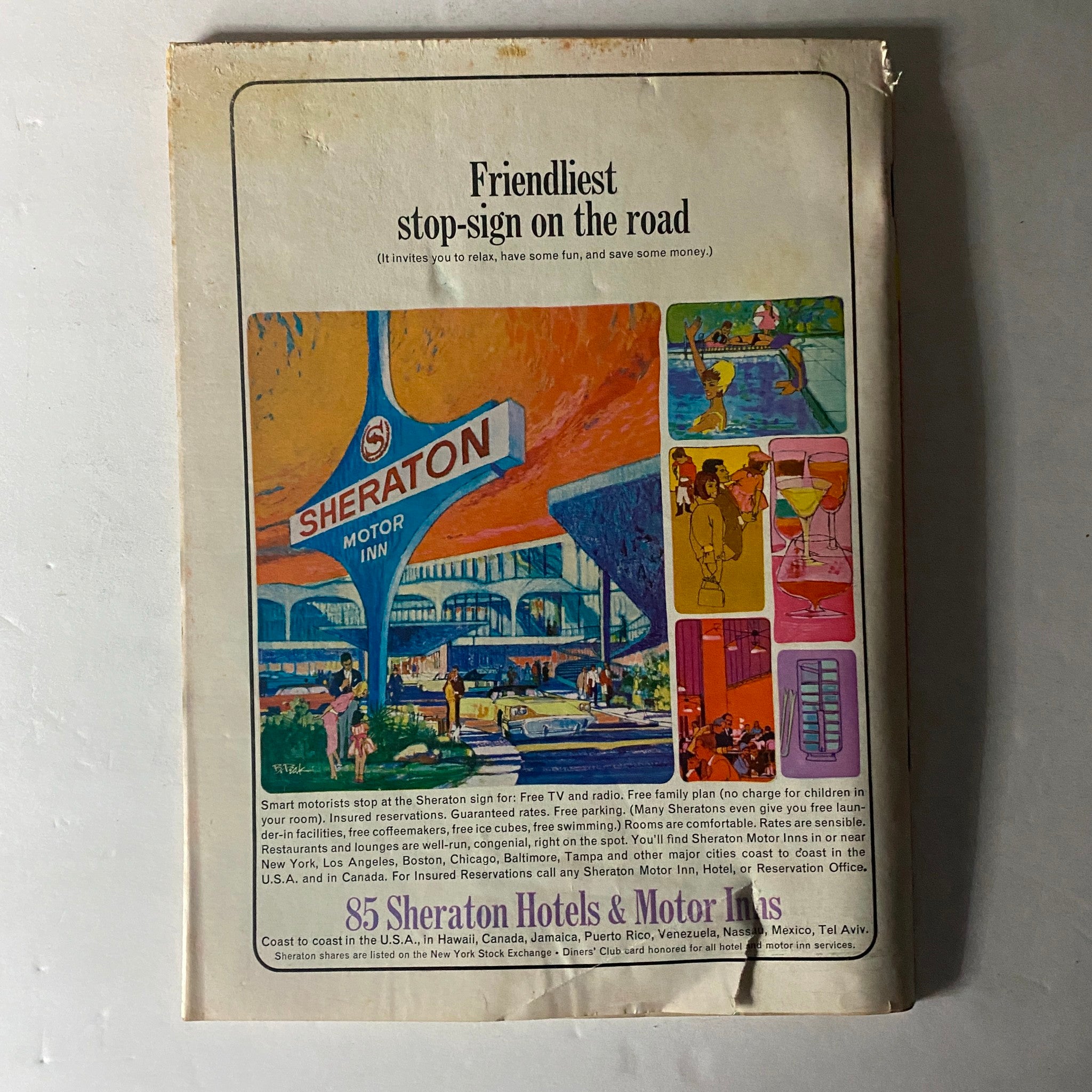 Back cover of Time Magazine February 21, 1964, featuring an advertisement for Sheraton Hotels and Motor Inns, highlighting family-friendly services and amenities.