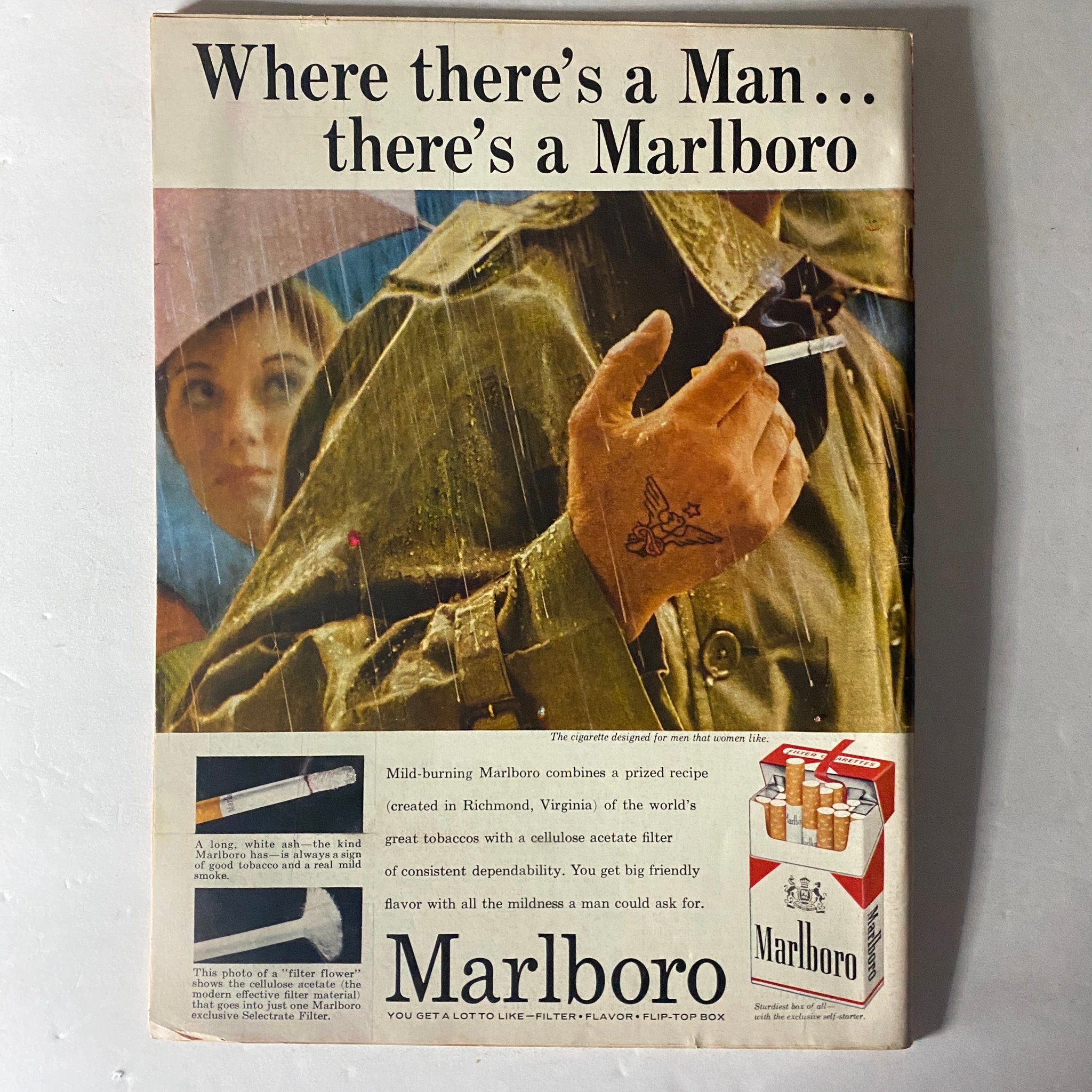 Cover of Time Magazine from April 14, 1958, featuring a Marlboro advertisement with a soldier holding a cigarette and a woman in the background, highlighting the era's culture and marketing. This edition includes a cover story by reporter John Gunther.