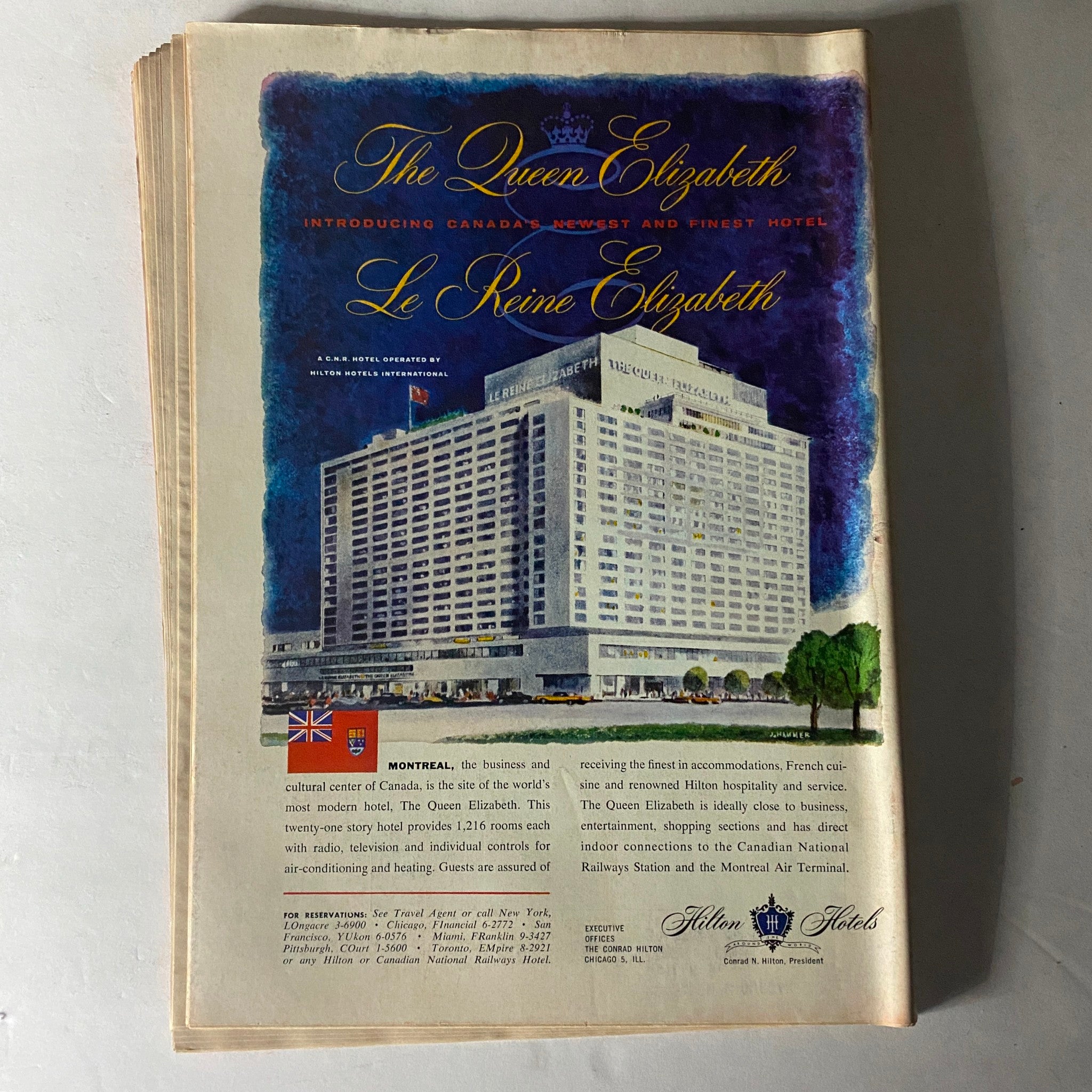 Advertisement for The Queen Elizabeth hotel, featured in Time Magazine April 21 1958 Vol 71 No. 16, highlighting Canada's newest and finest hotel.