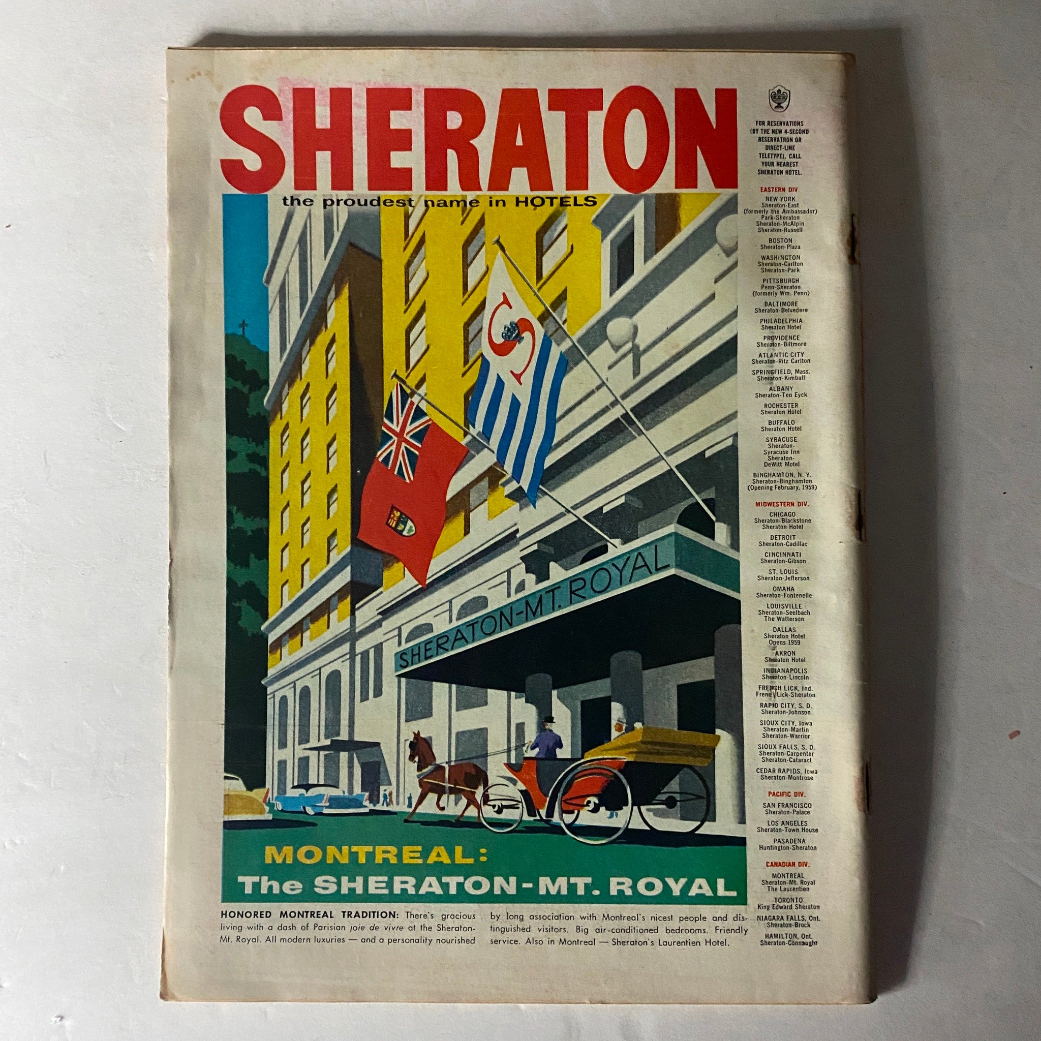 Sheraton advertisement showcasing the Sheraton-Mt. Royal hotel in Montreal, featuring a colorful illustration of the hotel facade with flags and a horse-drawn carriage, representing vintage hospitality.
