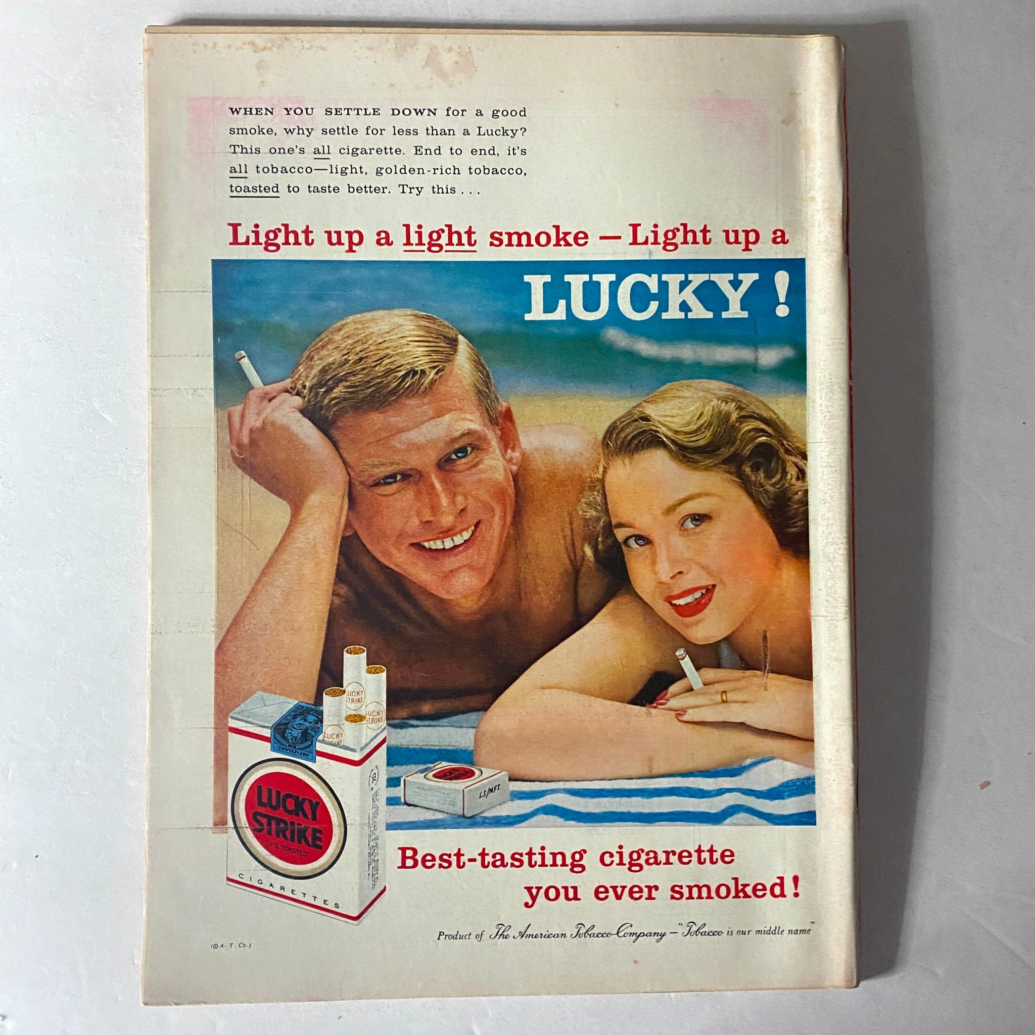 Back cover of Time Magazine June 2 1958 showcasing an advertisement for Lucky Strike cigarettes, emphasizing vintage advertising trends.