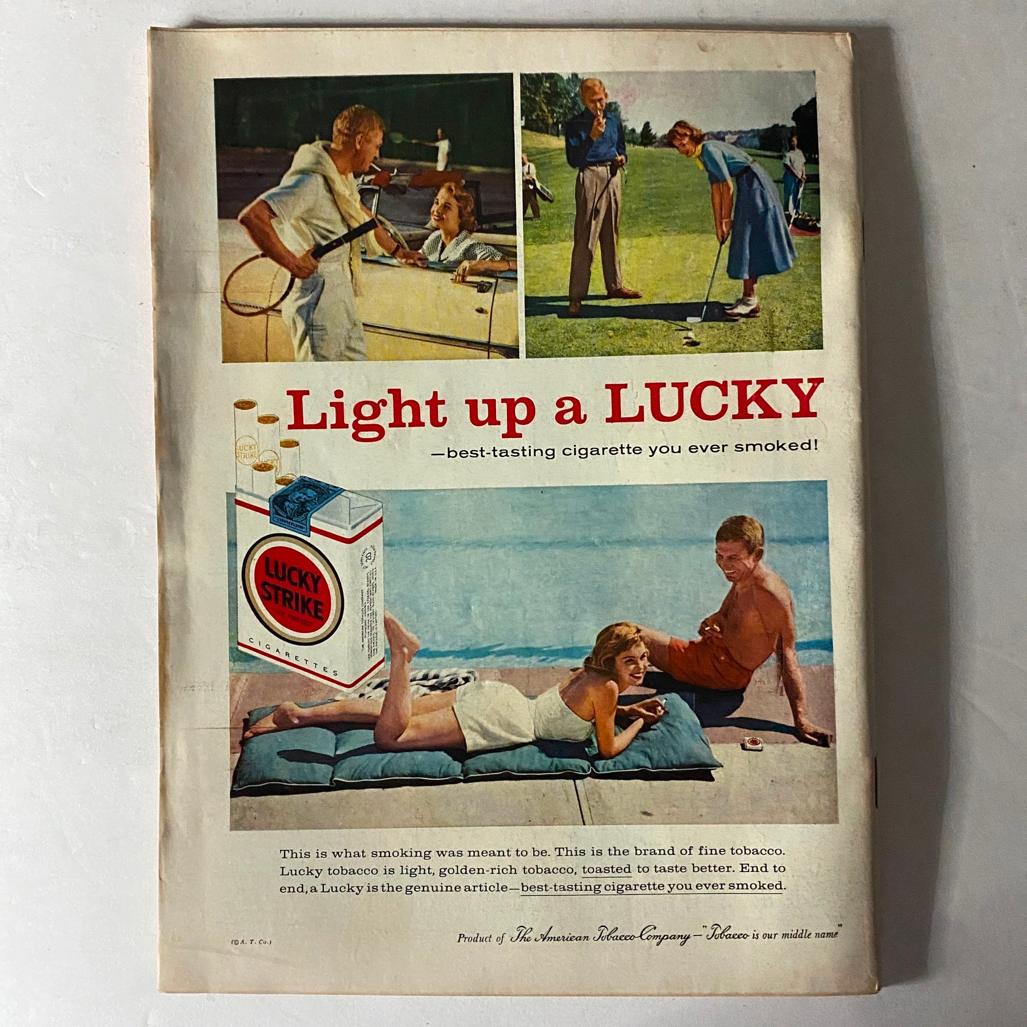 Advertisement for Lucky Strike cigarettes from a vintage magazine, promoting the product with a summer leisure theme.