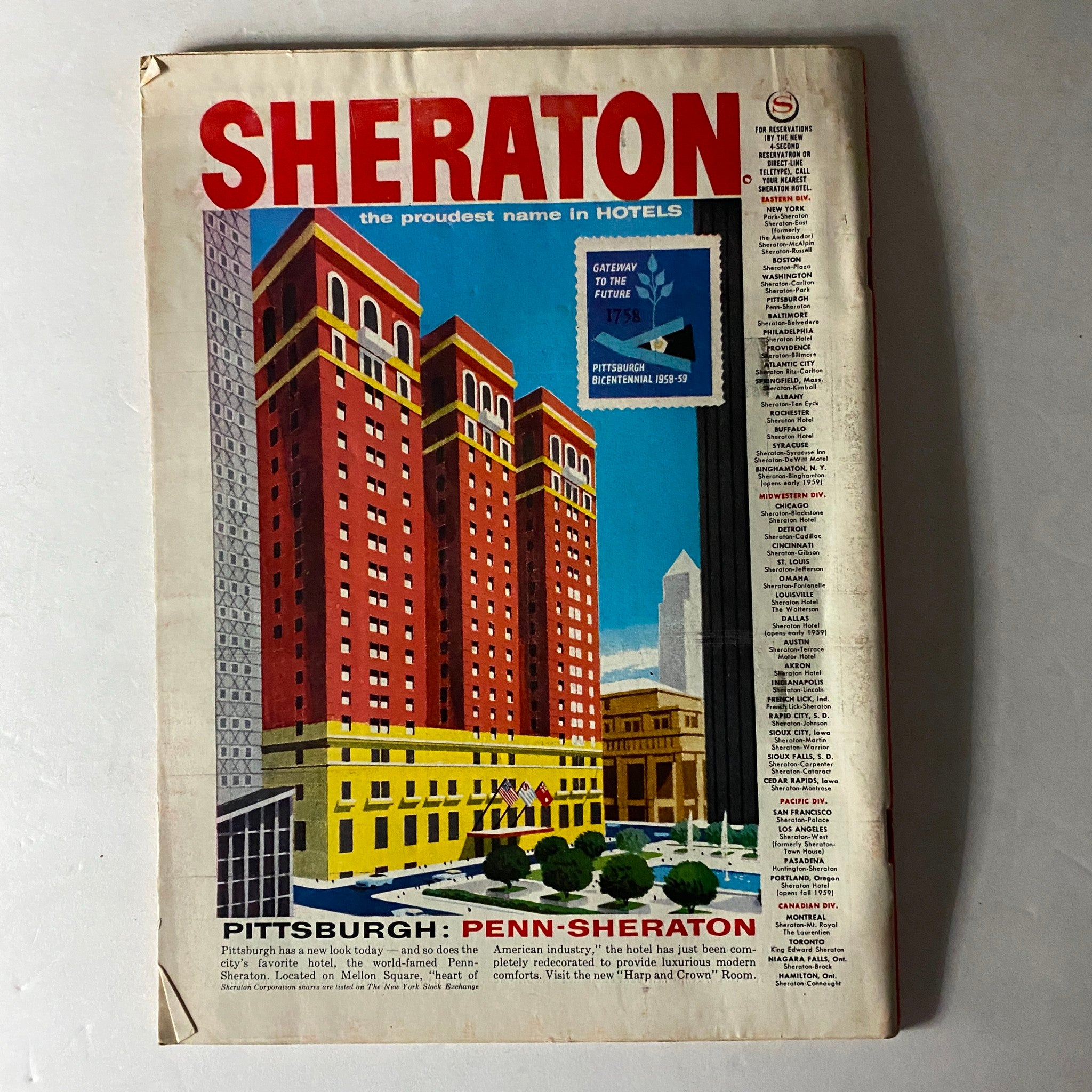 Vintage Sheraton Hotel advertisement featuring the Penn-Sheraton in Pittsburgh, highlighting its prominent architecture and luxury accommodations.