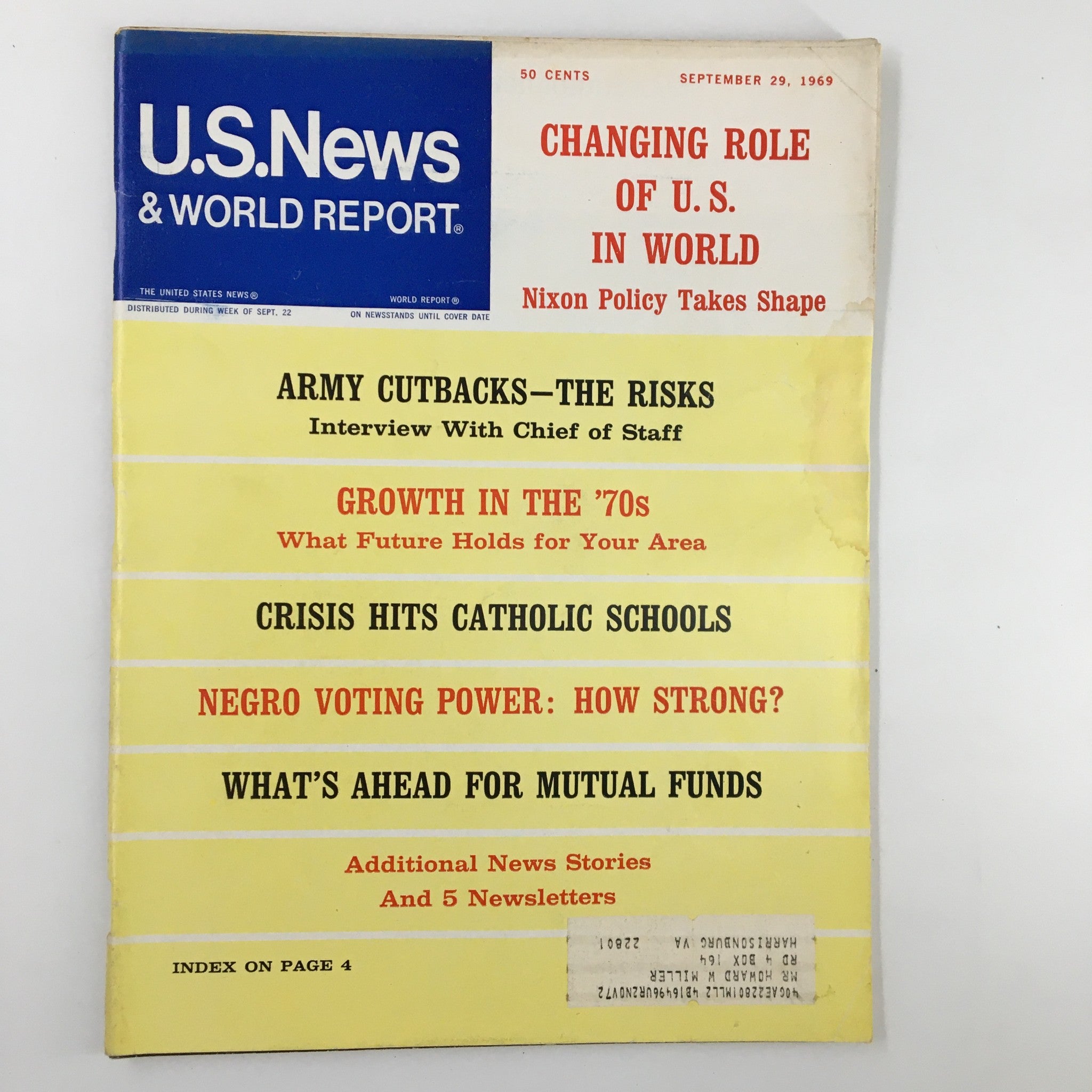 US News & World Report Magazine September 29 1969 Army Cutbacks - The Risks