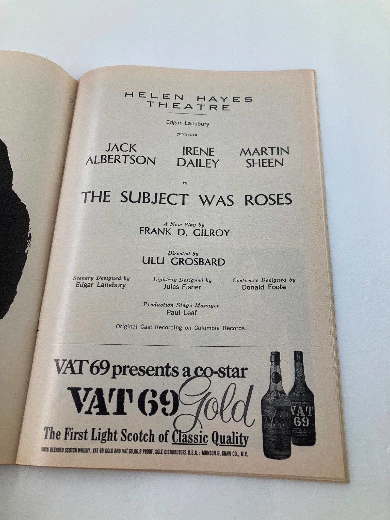 1965 Playbill Helen Hayes Theatre Jack Albertson in The Subject Was Roses