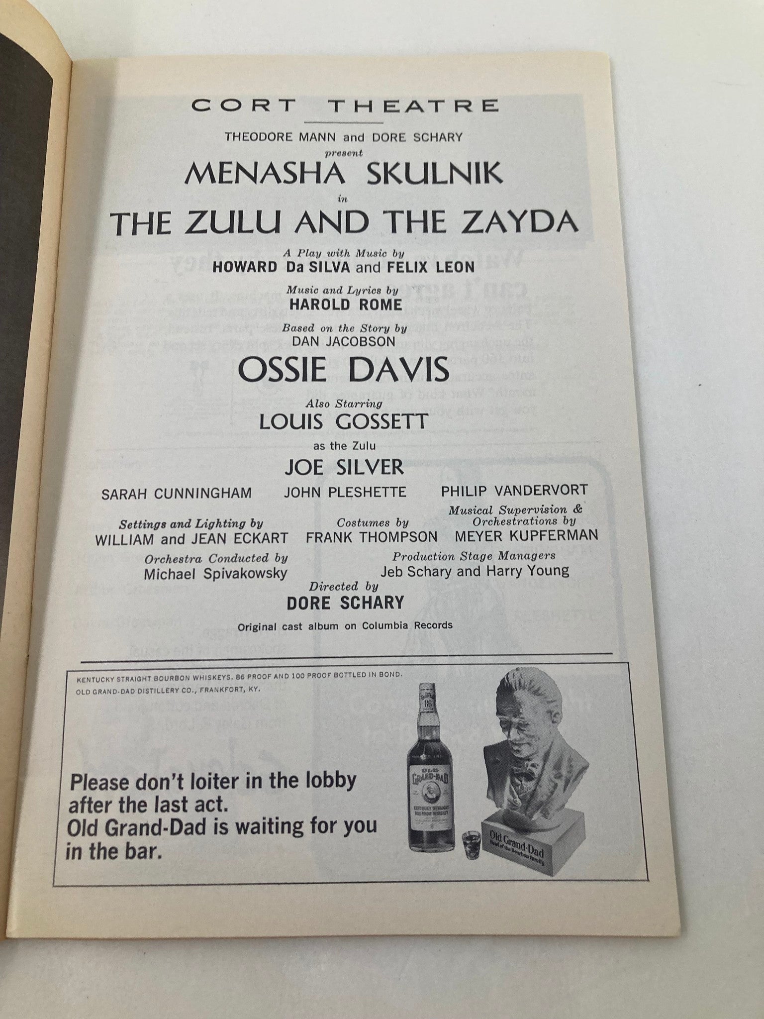 1965 Playbill Cort Theatre Menasha Skulnik in The Zulu and The Zayda