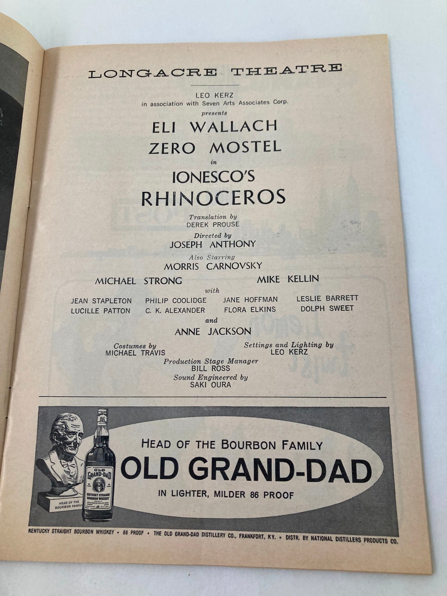 1961 Playbill Longacre Theatre Eli Wallach and Zero Mostel in Rhinoceros