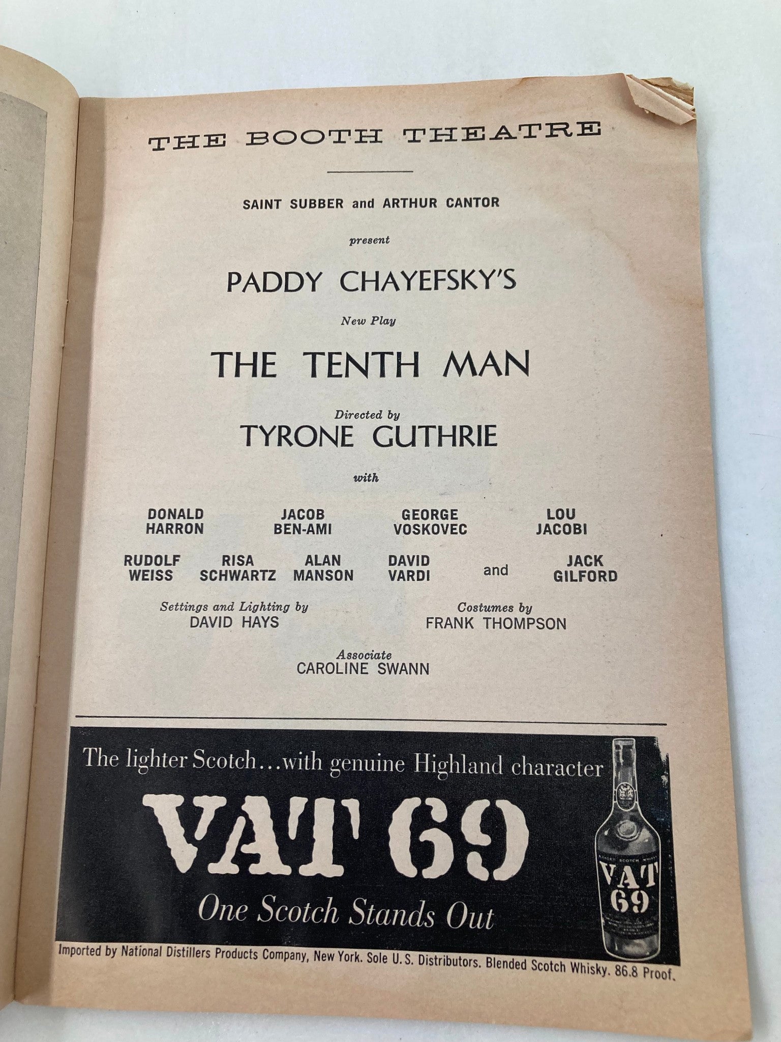 1961 Playbill The Booth Theatre Jacob Ben-Ami and Donald Harron in The Tenth Man