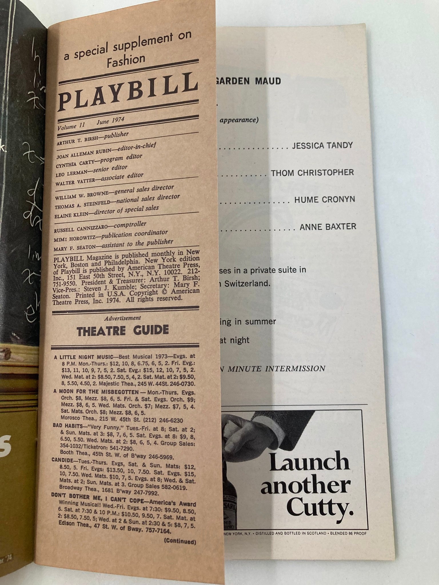 1974 Playbill Ethel Barrymore Theatre Anne Baxter, Hume Cronyn in In Two Keys