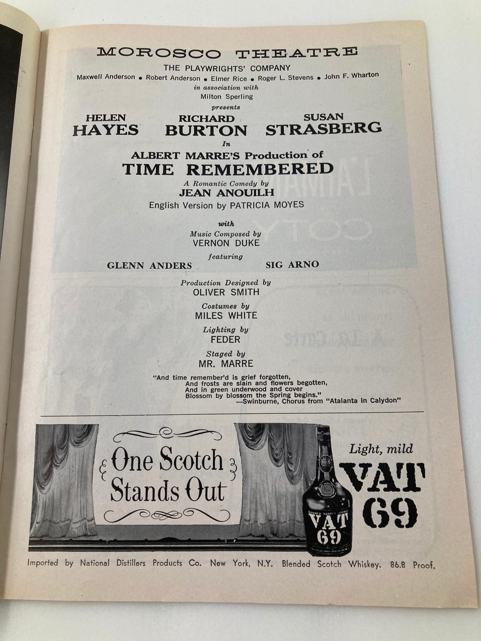 1958 Playbill Moroco Theatre Helen Hayes, Richard Burton in Time Remembered