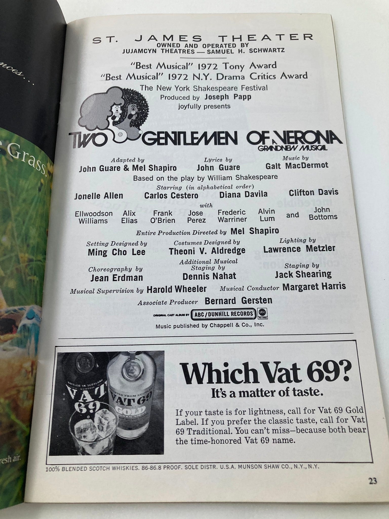 1972 Playbill St. James Theatre Two Gentleman of Verona Grandnew Musical