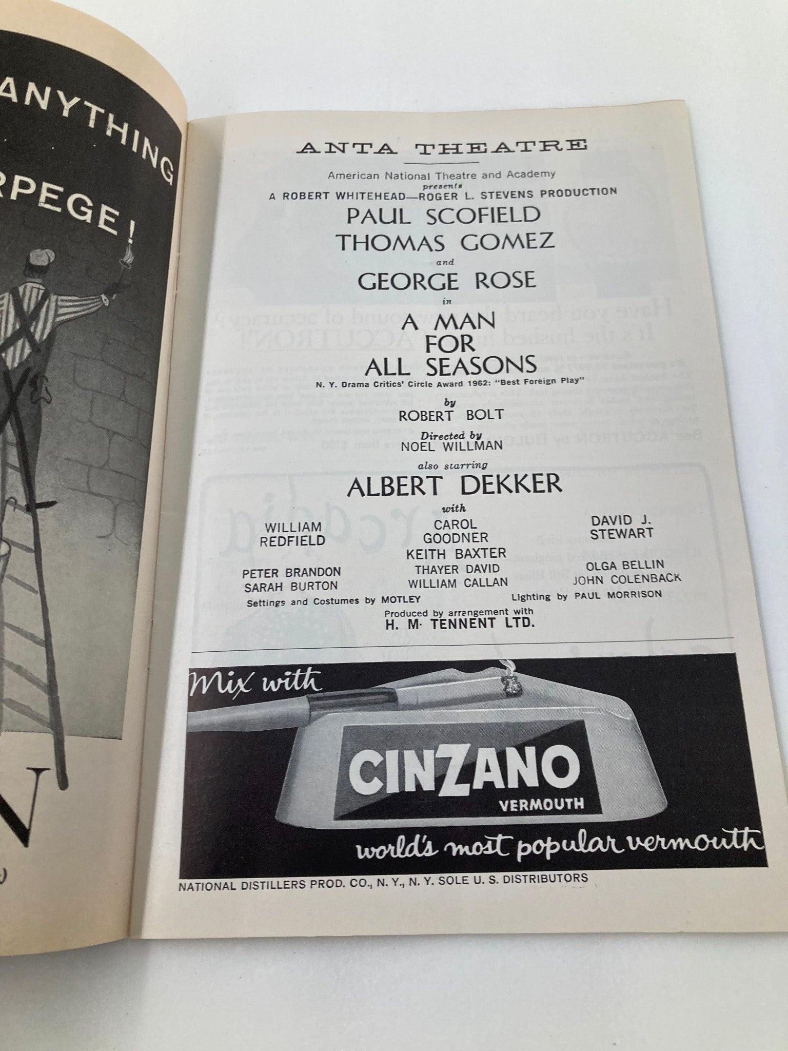 1962 Playbill Anta Theatre George Rose, Thomas Gomez in A Man For All Seasons