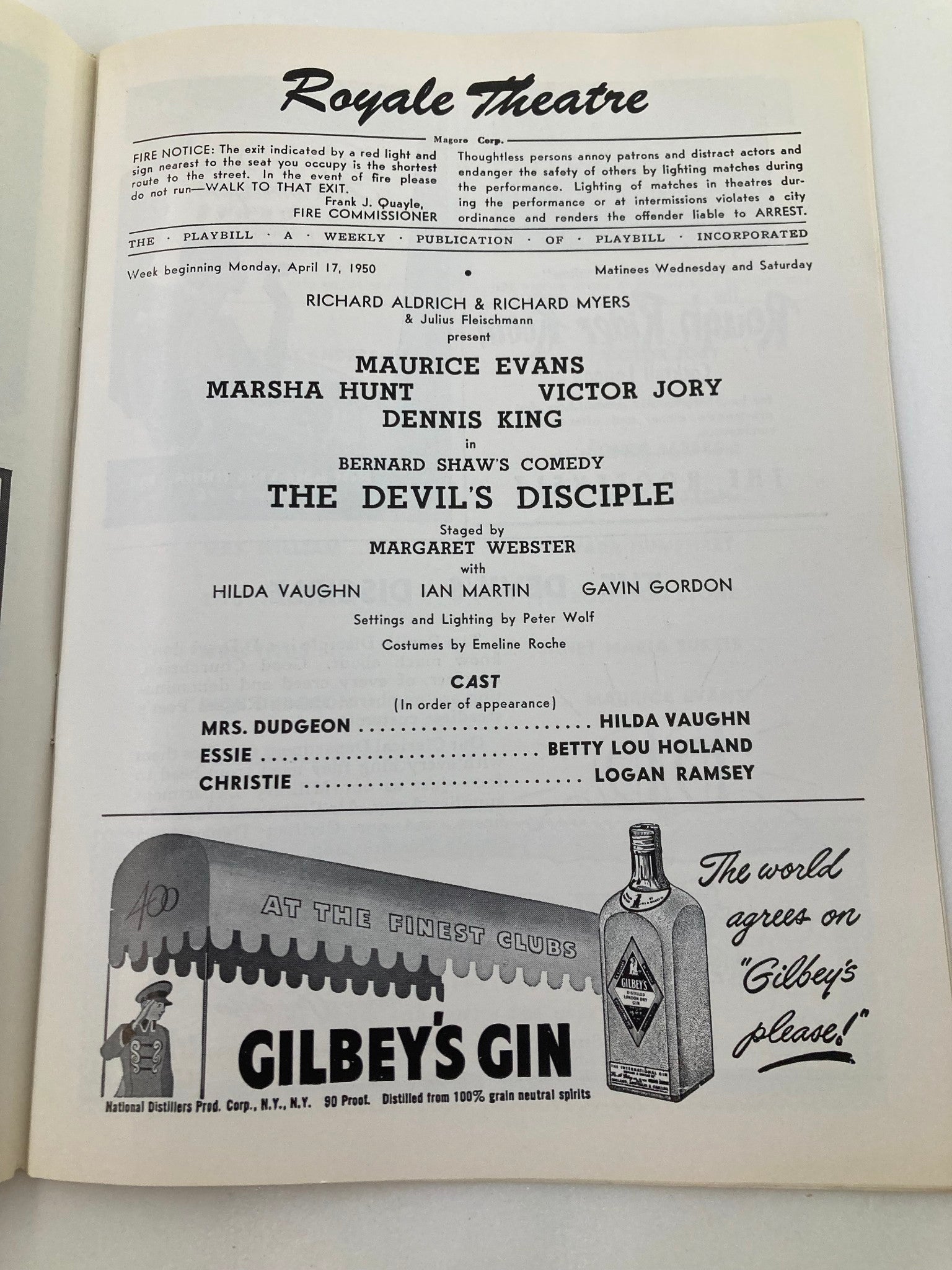 1950 Playbill Royale Theatre Maurice Evans, Victor Jory in The Devil's Disciple