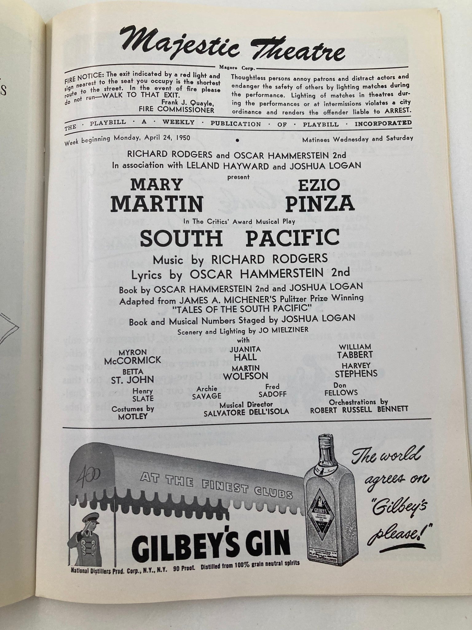 1950 Playbill Majestic Theatre Mary Martin and Ezio Pinza in South Pacific