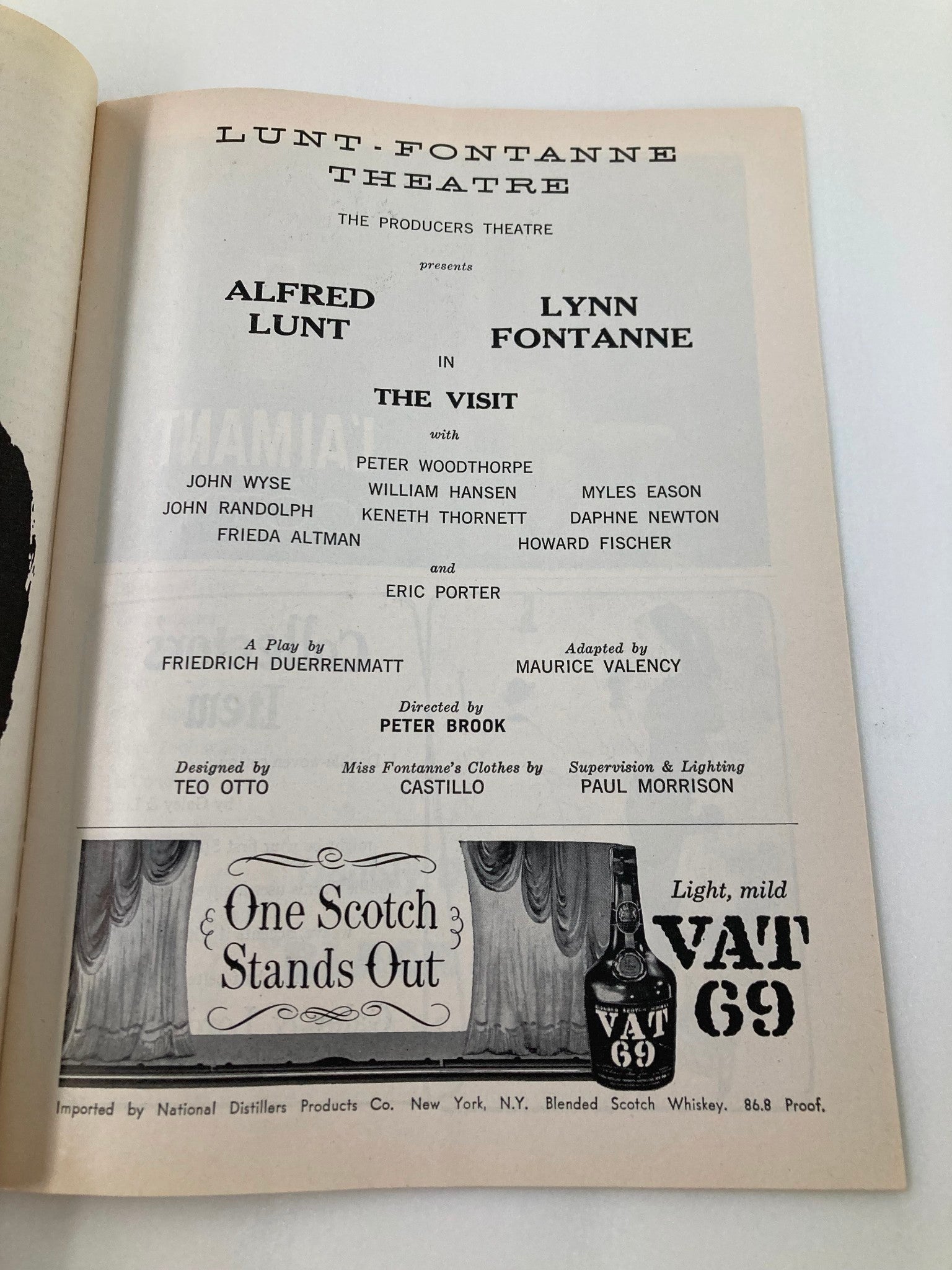 1958 Playbill Lunt-Fontanne Theatre Alfred Lunt, Lynn Fontanne in The Visit