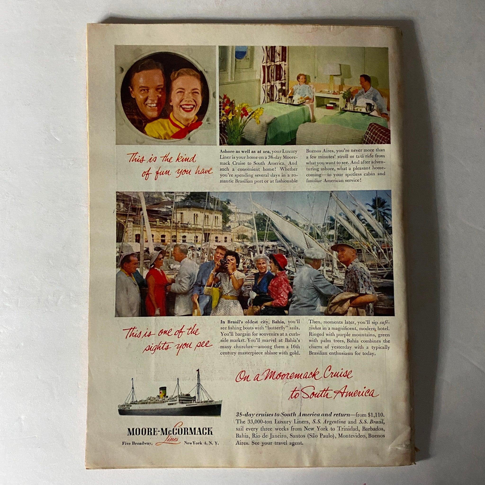 Vintage advertisement from Time Magazine October 31 1955, Vol 66 No. 18 featuring luxury cruise options to South America, showcasing joyful travelers and beautiful scenery.