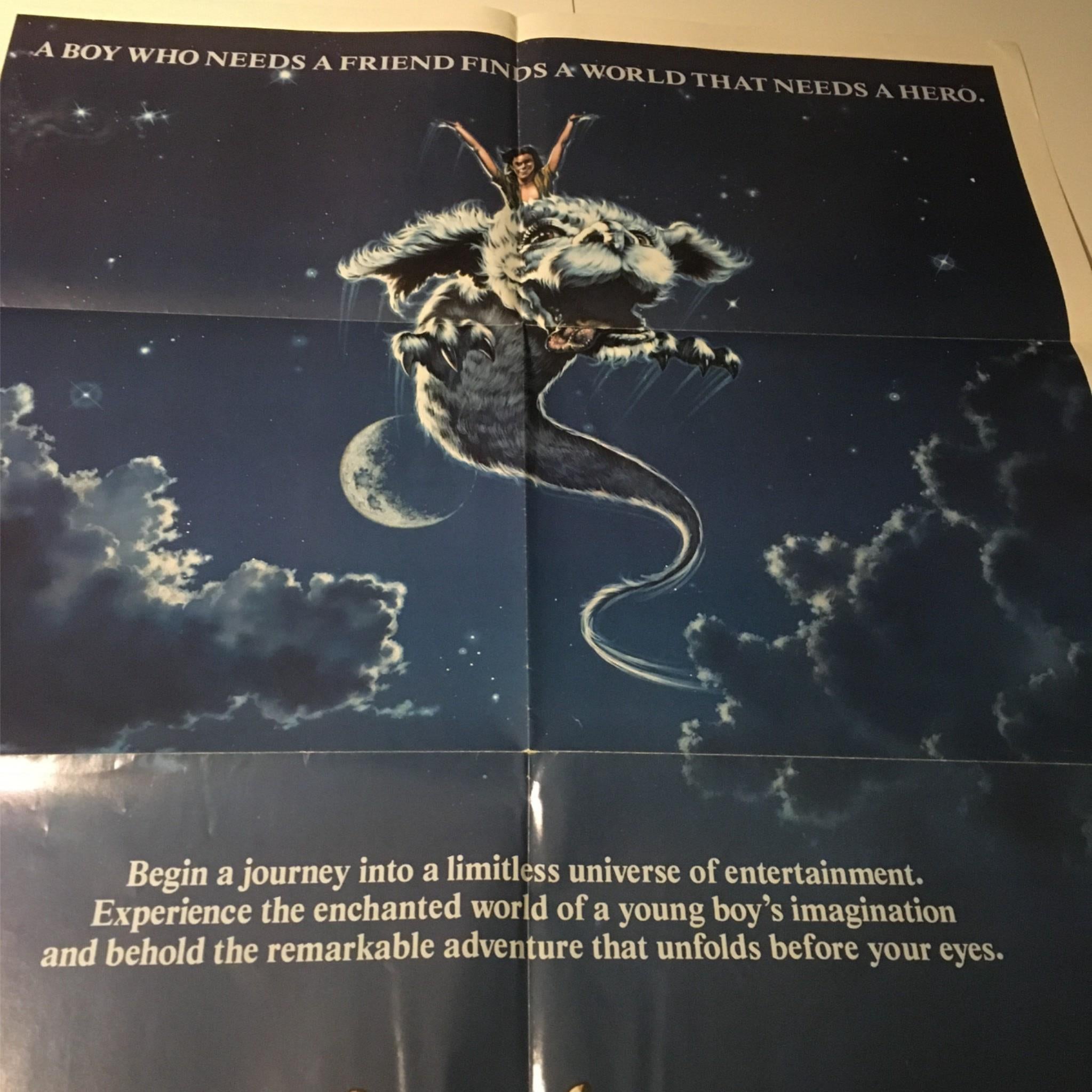 Artistic view of the 1984 film The Never Ending Story movie poster, depicting a boy and a fantastical creature flying through a starry sky, promoting an adventure in a limitless universe of entertainment.