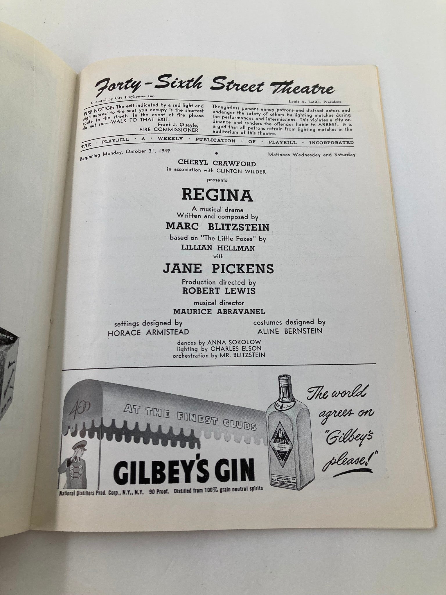 1949 Playbill 46th Street Theatre Lilliam Hellman, Jane Pickens in Regina