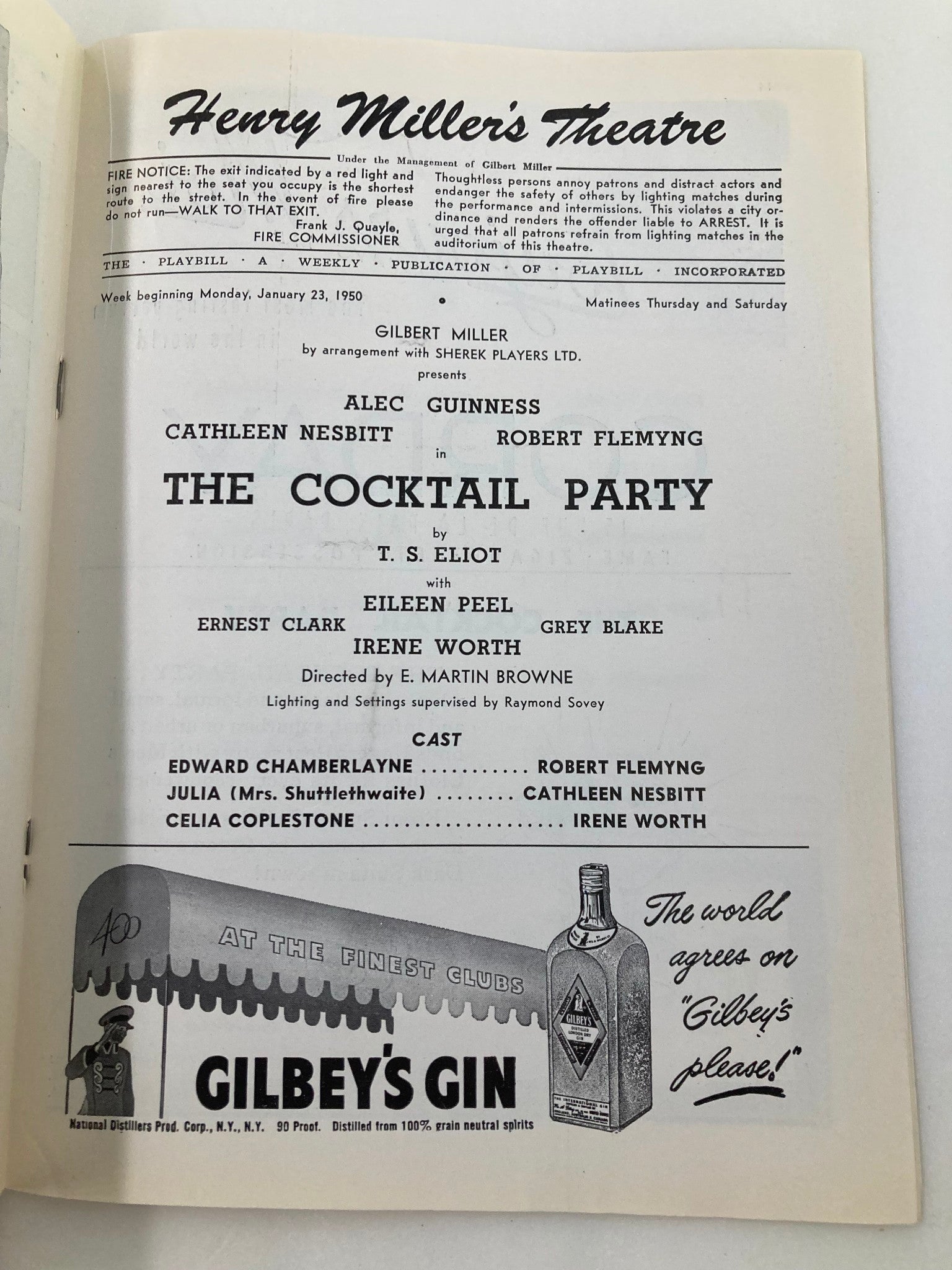 1950 Playbill Henry Miller's Theatre Cathleen Nesbitt in The Cocktail Party