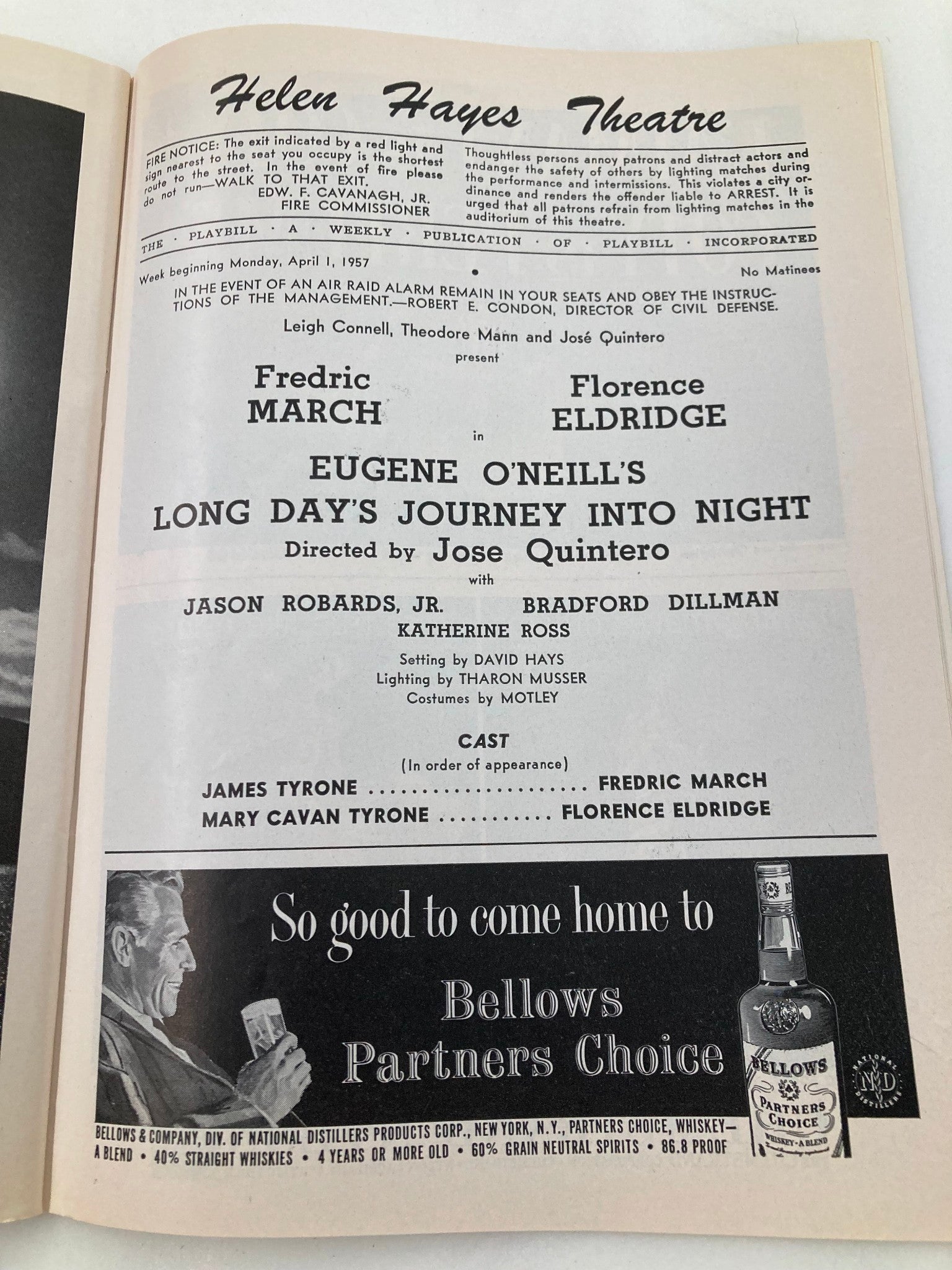 1957 Playbill Helen Hayes Theatre Fredric March in Long Day's Journey Into Night