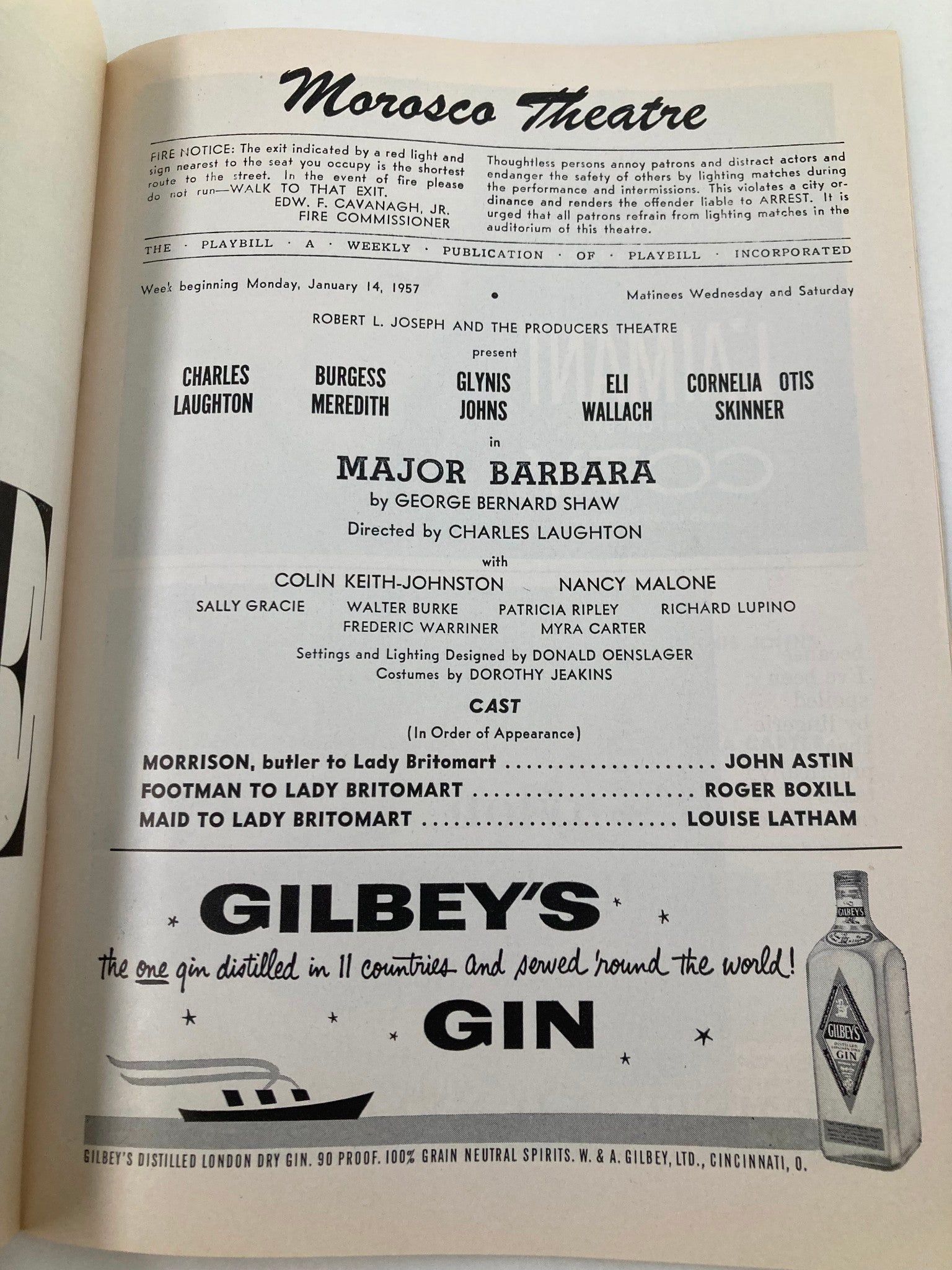 1957 Playbill Morosco Theatre Charles Laughton Burgess Meredith in Major Barbara