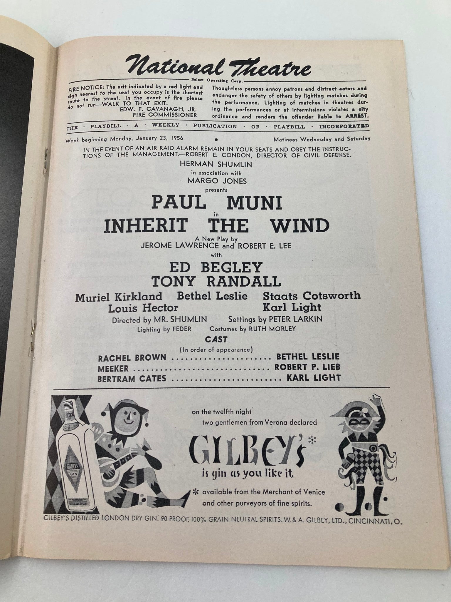 1956 Playbill National Theatre Paul Muni, Ed Begley in Inherit The Wind