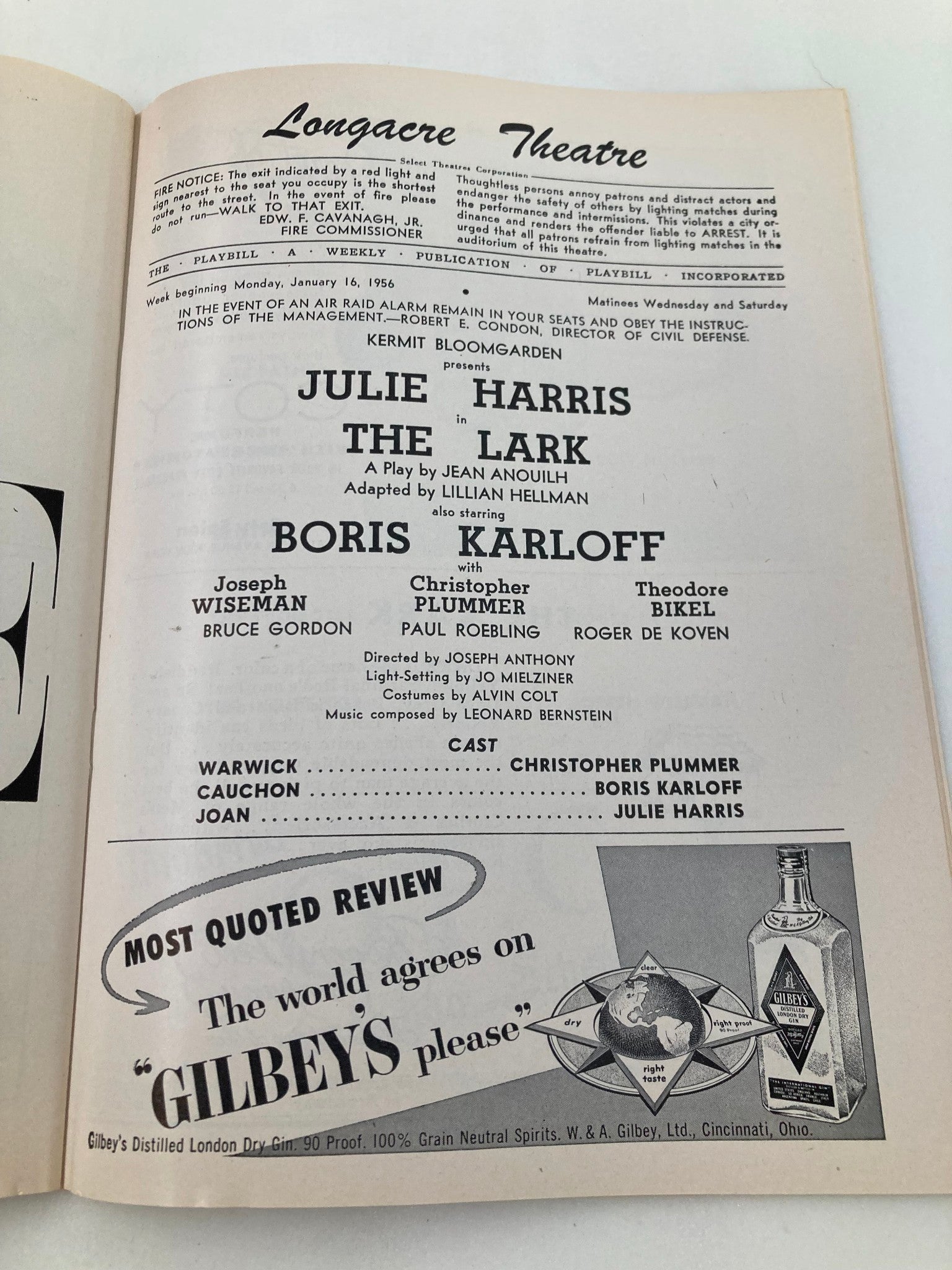 1956 Playbill Longacre Theatre Julie Harris, Boris Karloff in The Lark