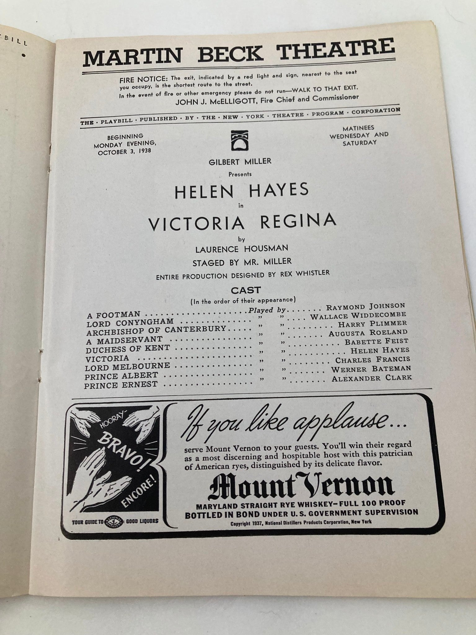 1938 Playbill Martin Beck Theatre Helen Hayes in Victoria Regina