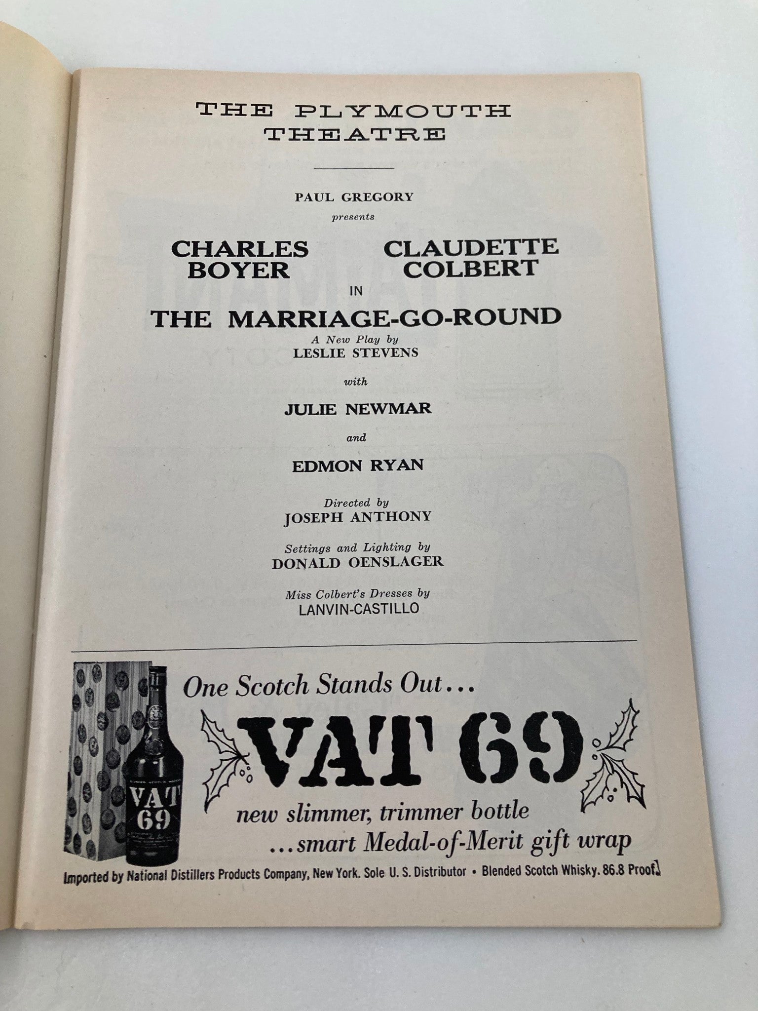 1960 Playbill The Plymouth Theatre Charles Boyer in The Marriage-Go-Round