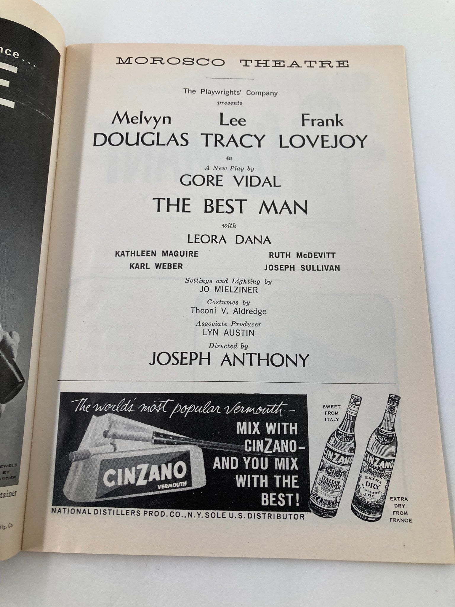 1960 Playbill Morosco Theatre Melvyn Douglas, Lee Tracy in The Best Man