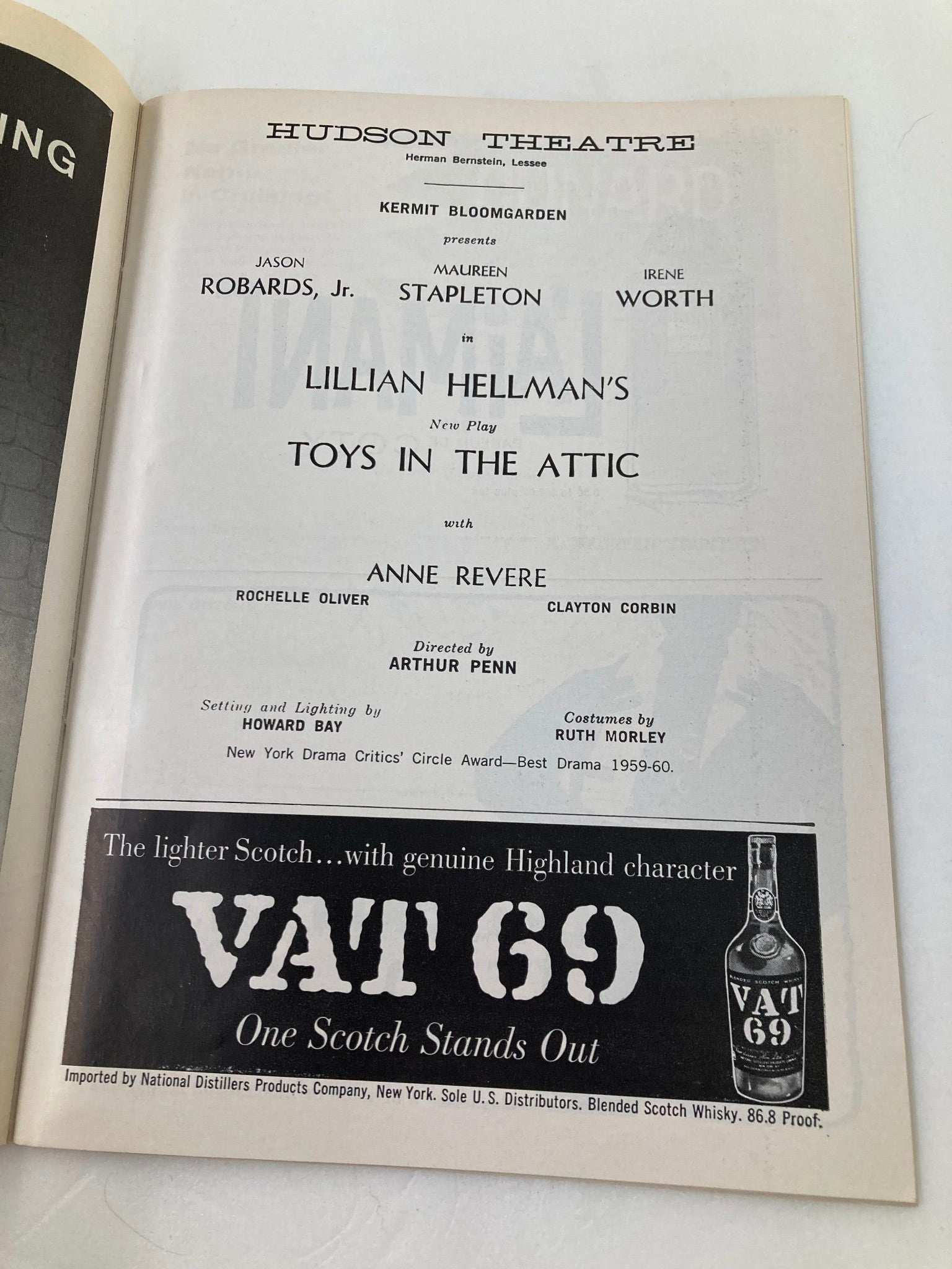 1960 Playbill Hudson Theatre Anna Revere, Irene Worth in Toys In The Attic